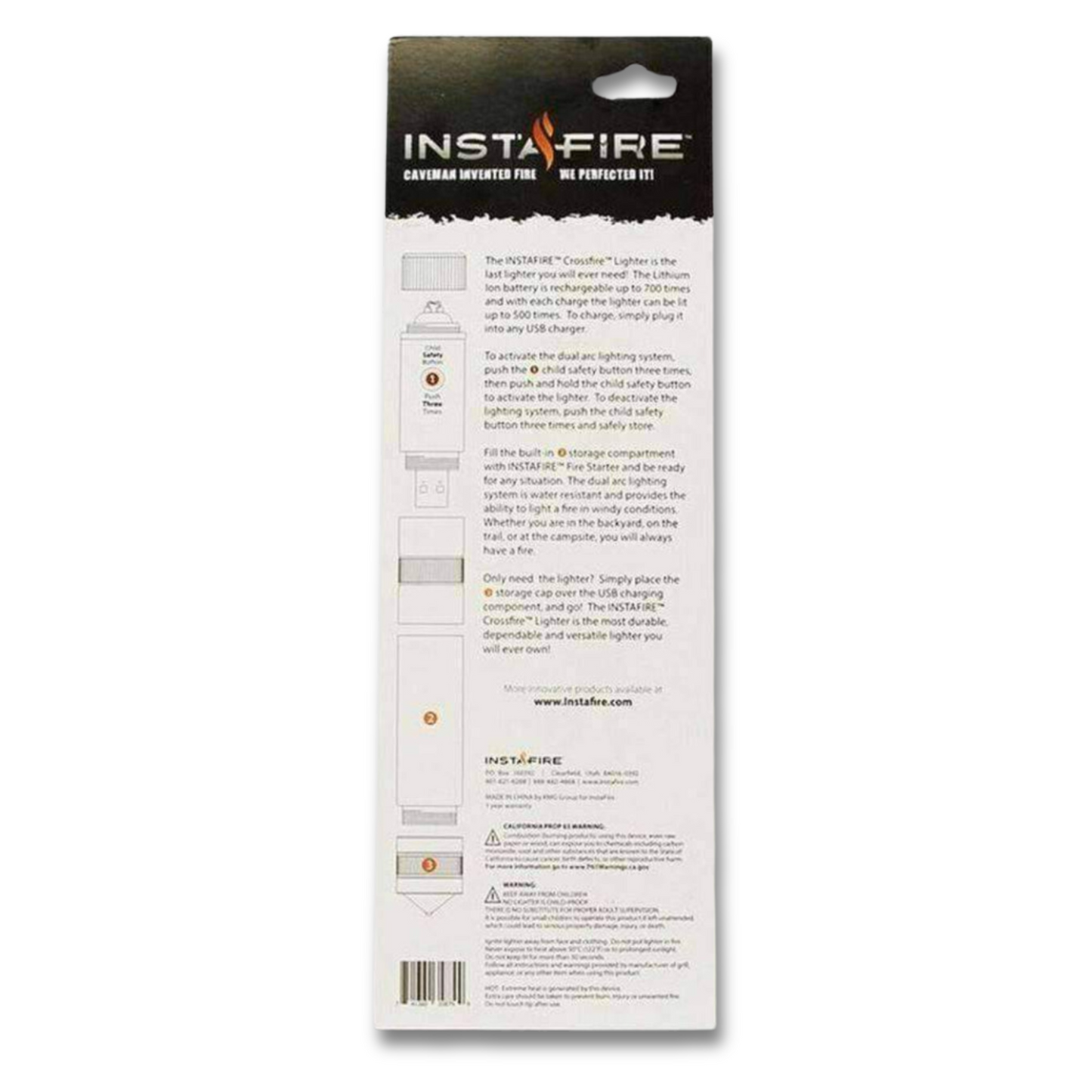 Reverse package of Cross-Fire Plasma Lighter and InstaFire starter kit combo with featured instructions
