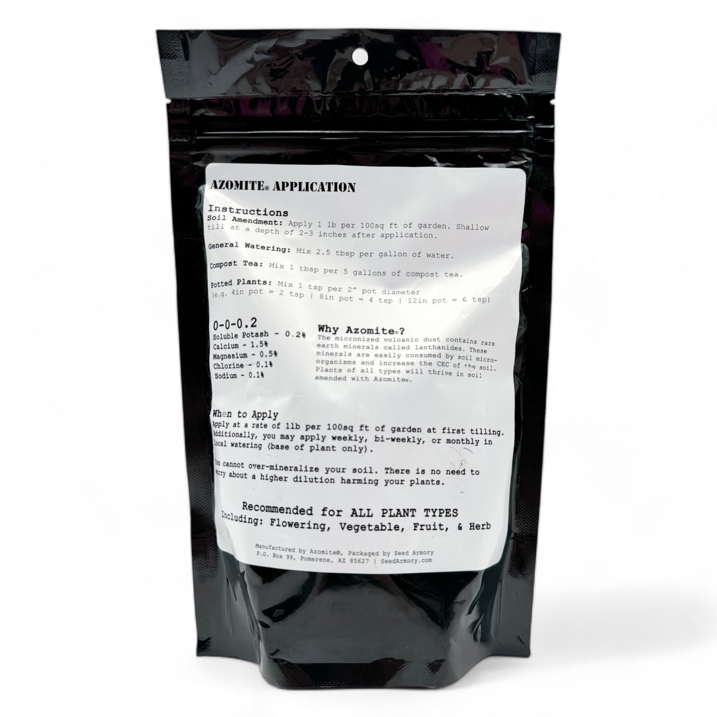 Reverse package of High-quality organic Azomite fertilizer with instructions, suitable for garden enthusiasts