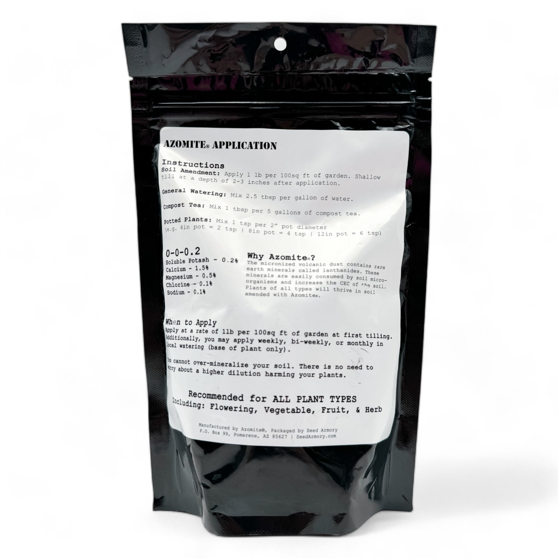 Reverse package of High-quality organic Azomite fertilizer with instructions, suitable for garden enthusiasts