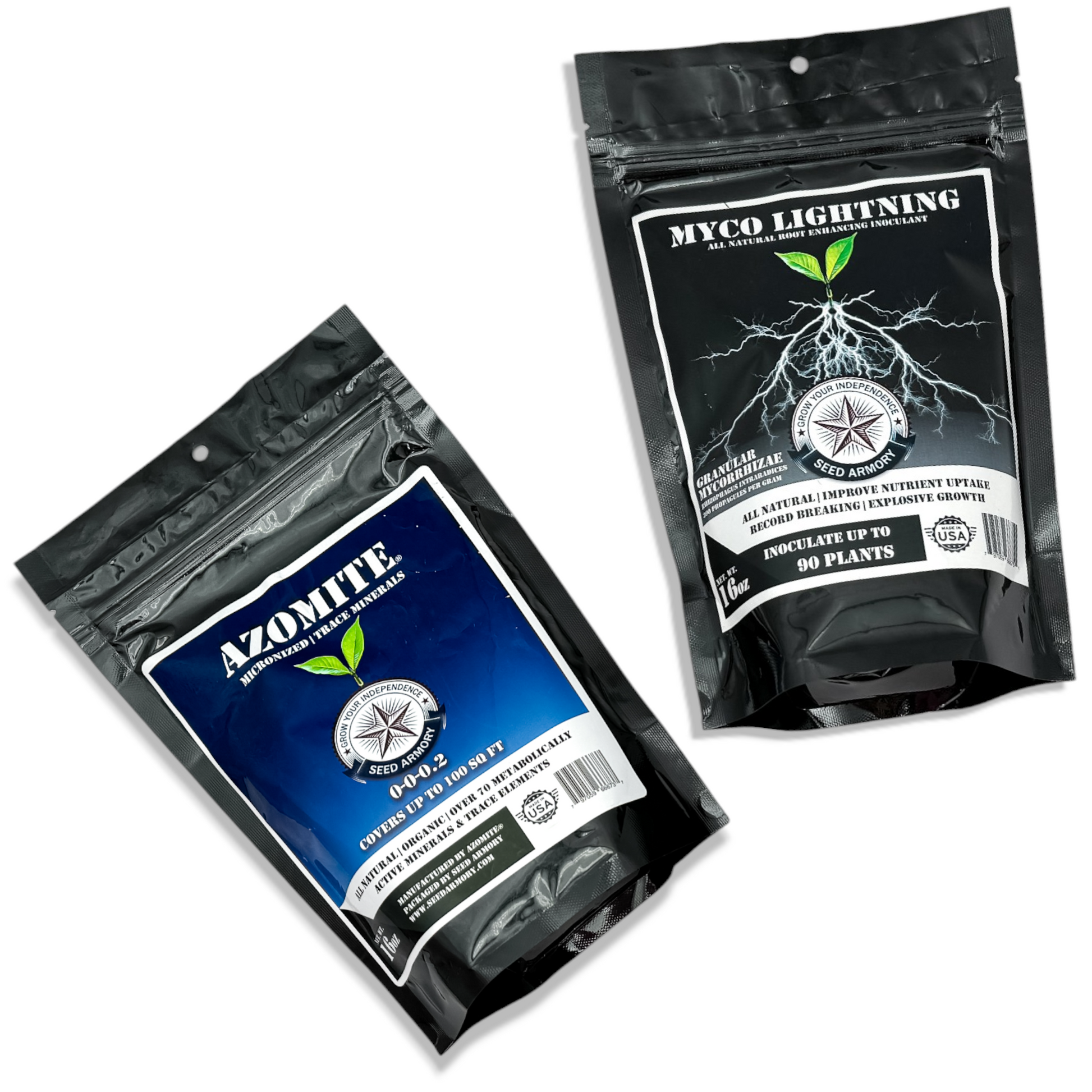 Harvest Hero Bundle packaging featuring Azomite and Myco Lightning products