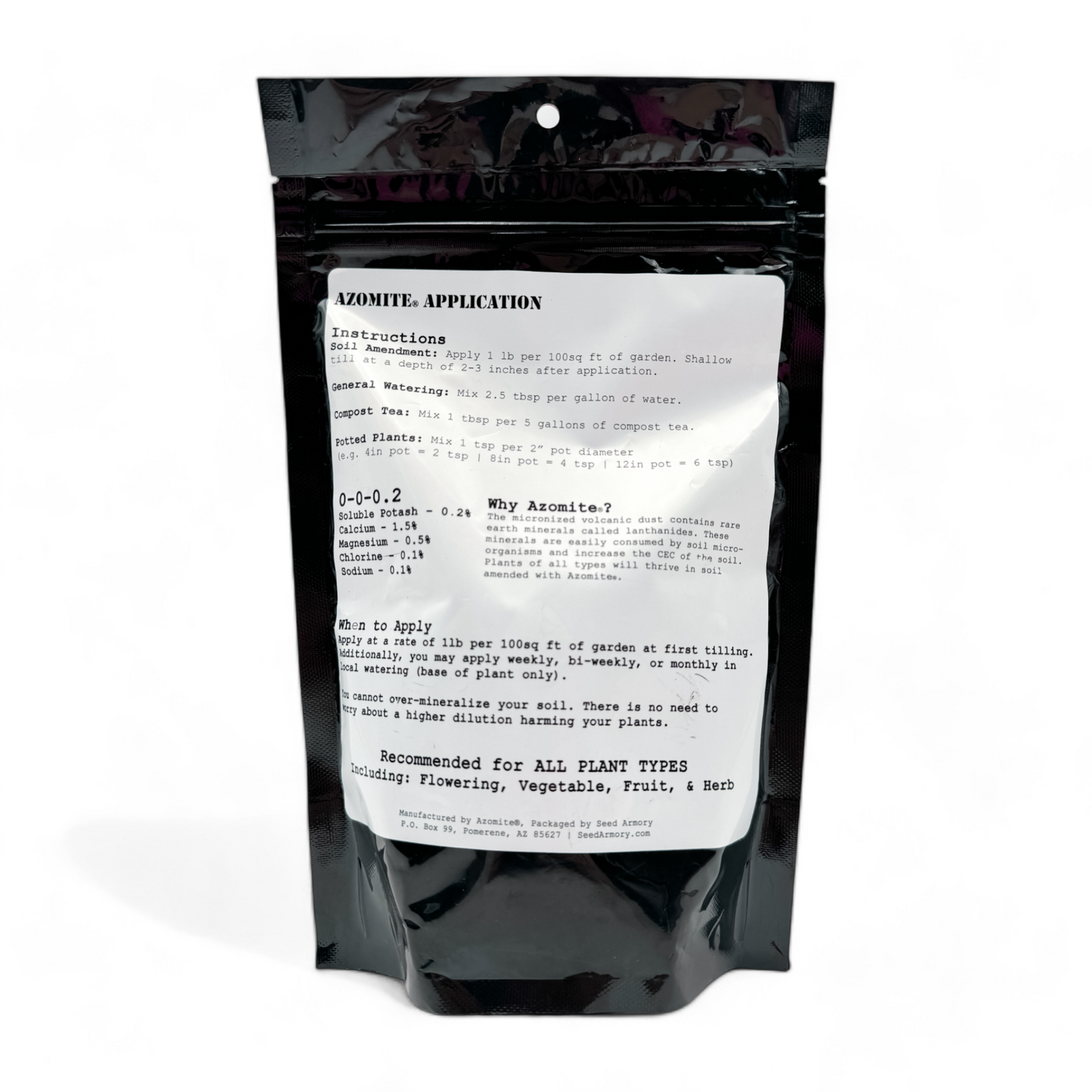 Reverse package of Azomite nutrient-rich powder with application instructions