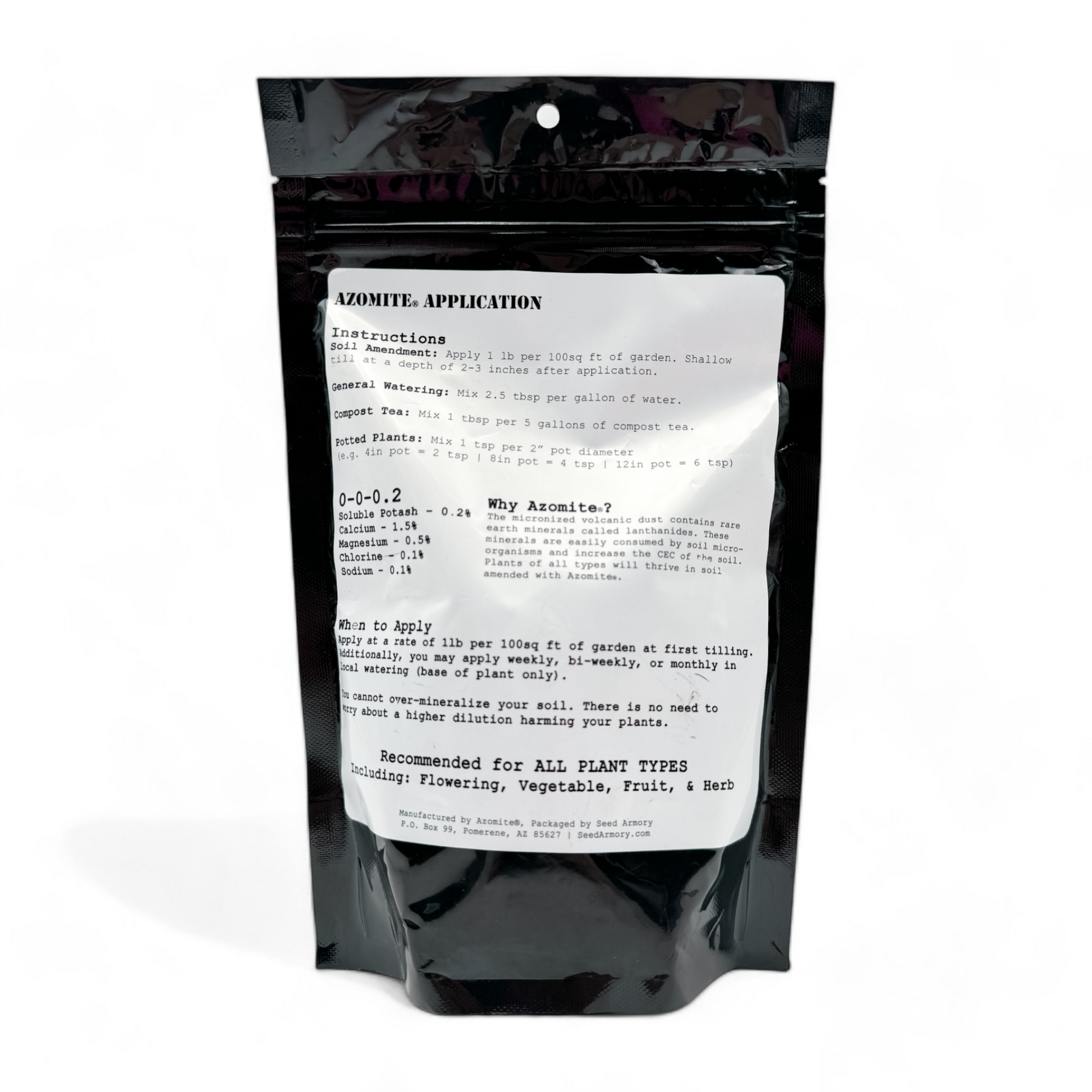 Reverse package of Azomite nutrient-rich powder with application instructions