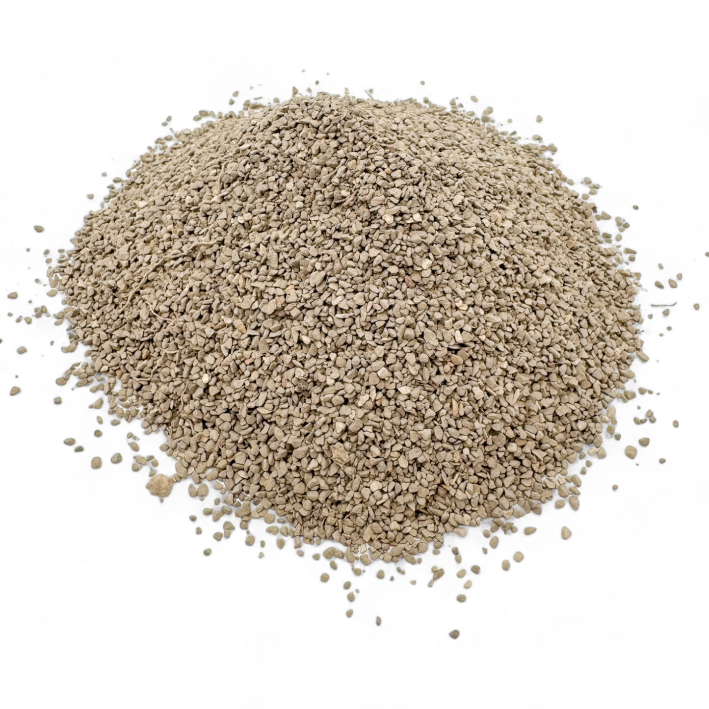 Granulated Azomite volcanic rock dust against a white backdrop