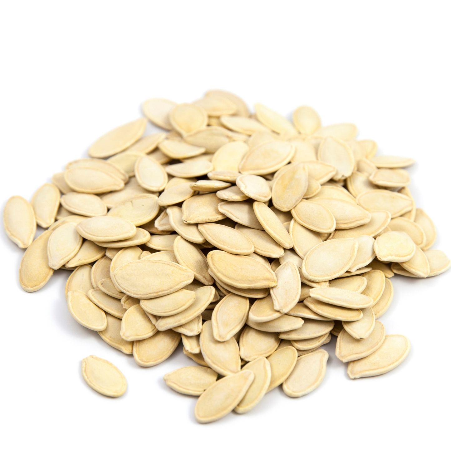 Pile of Heirloom Sugar Pie Pumpkin Seeds spread out on white surface