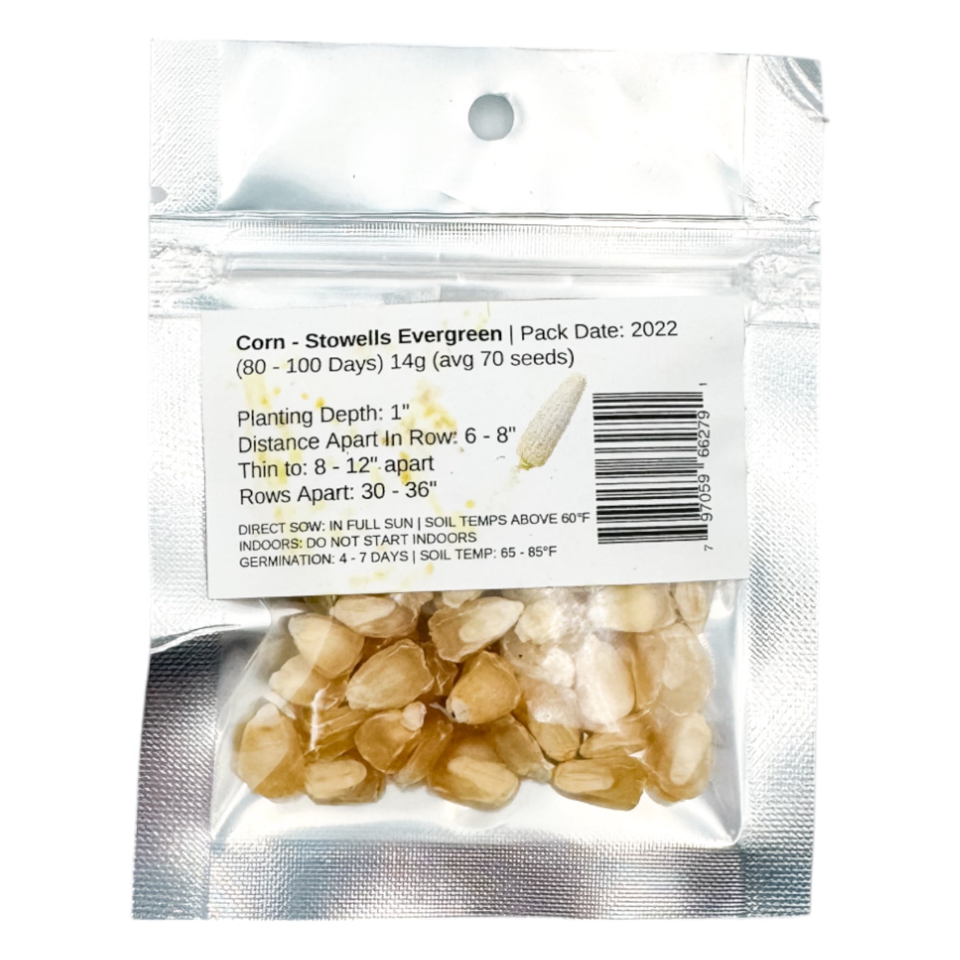 Reverse packet of Heirloom Stowells Evergreen Sweet Corn Seeds with planting instructions