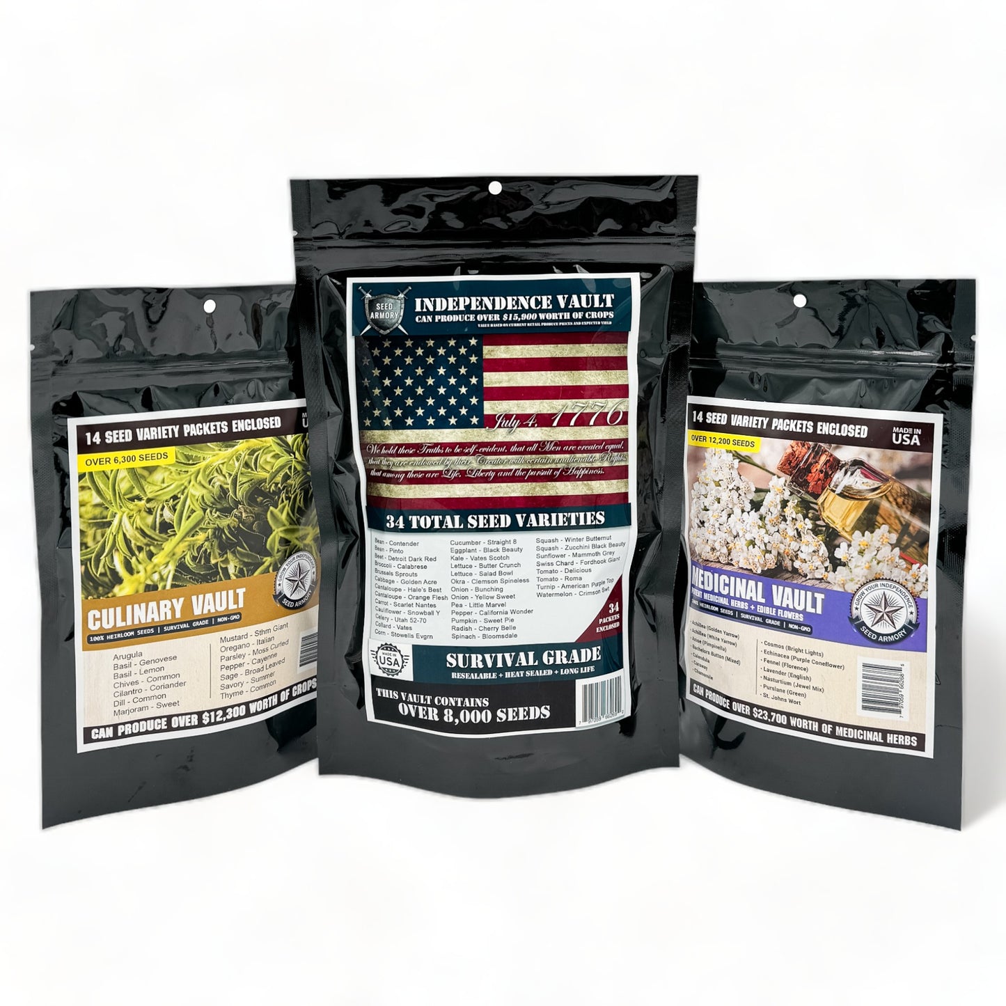 Packages from the Independence Super Kit Seed Vault
