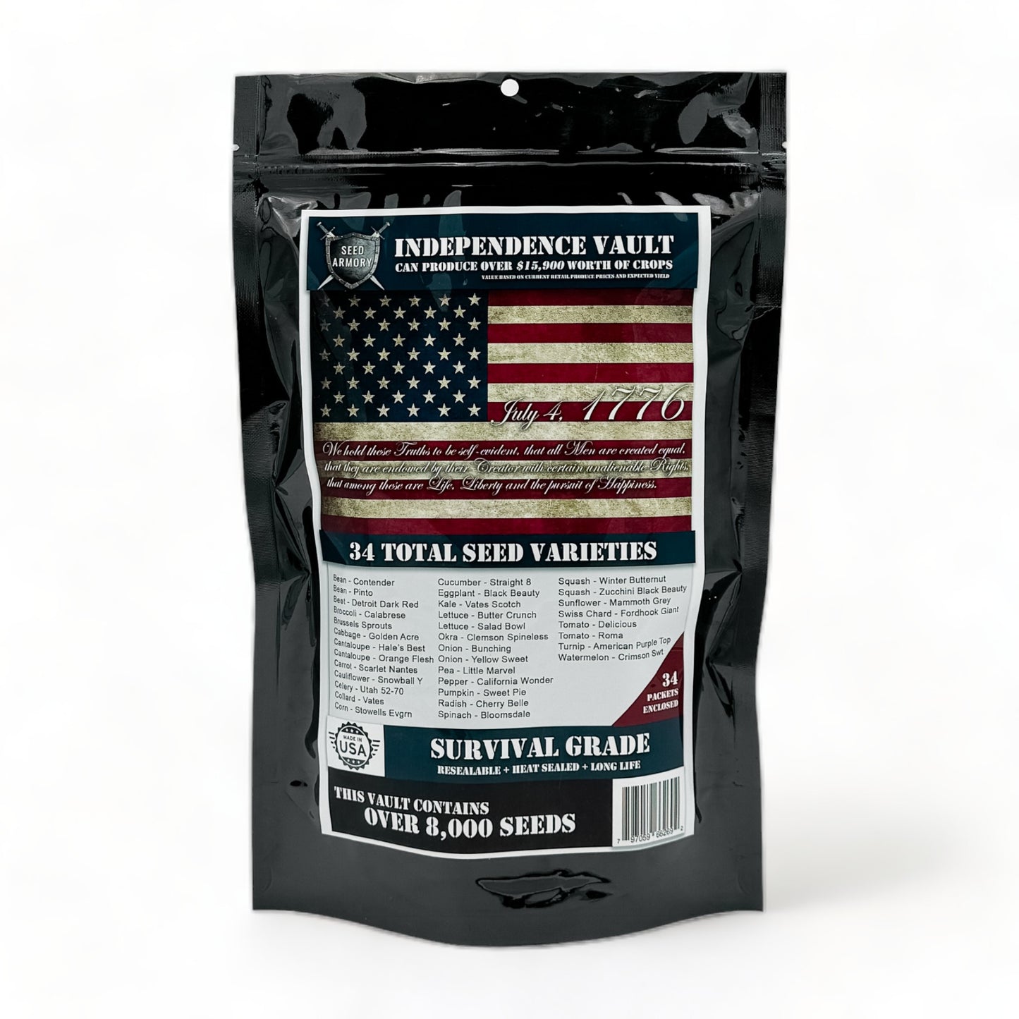 Front package of Independence Seed Vault packaging with 34 assorted seed varieties