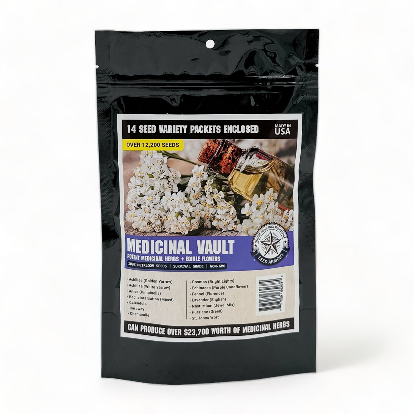 Front package of Medicinal Survival Seed Vault kit featuring 14 different heirloom seed varieties