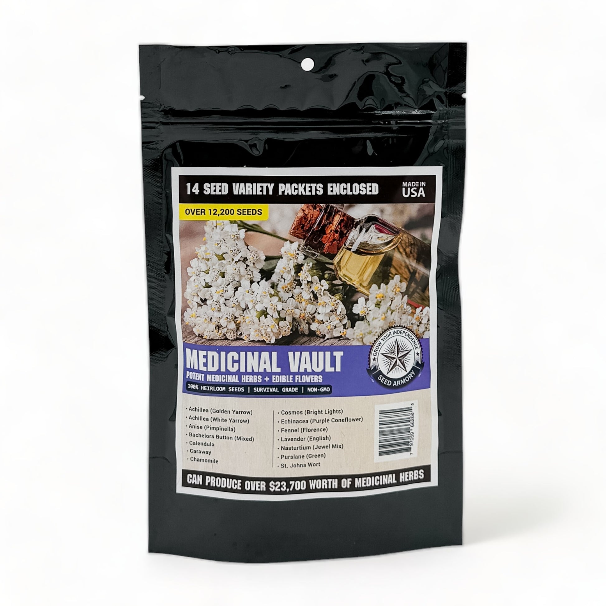 Front package of Medicinal Survival Seed Vault kit featuring 14 different heirloom seed varieties