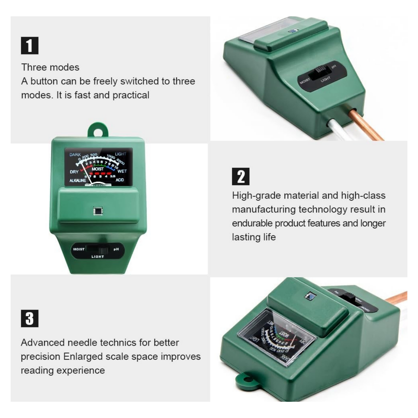 Instruction manual for 3-in-1 soil pH, moisture, and light meter