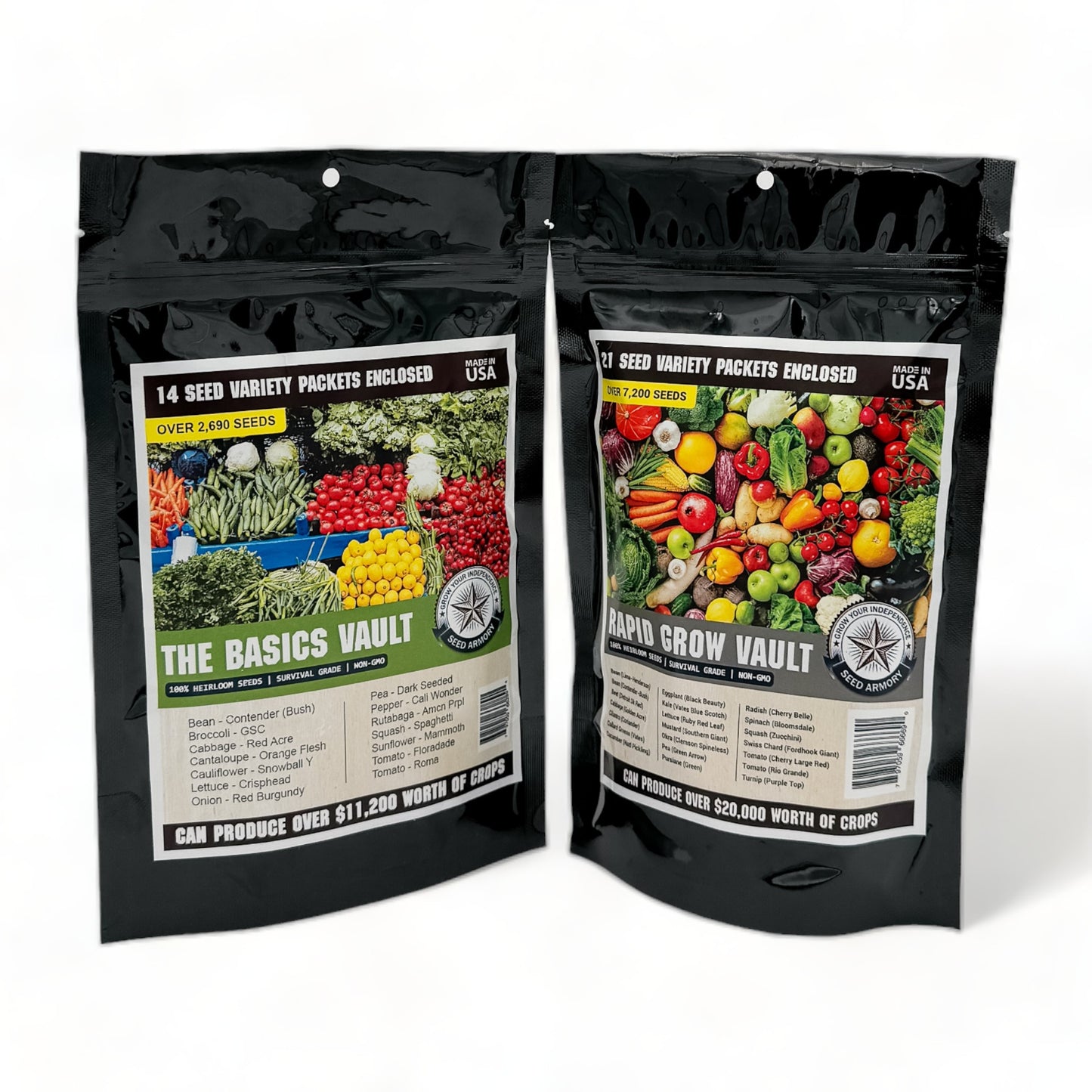 Front packages of two Seed Vaults including Rapid Grow Vault and The Basics Vault