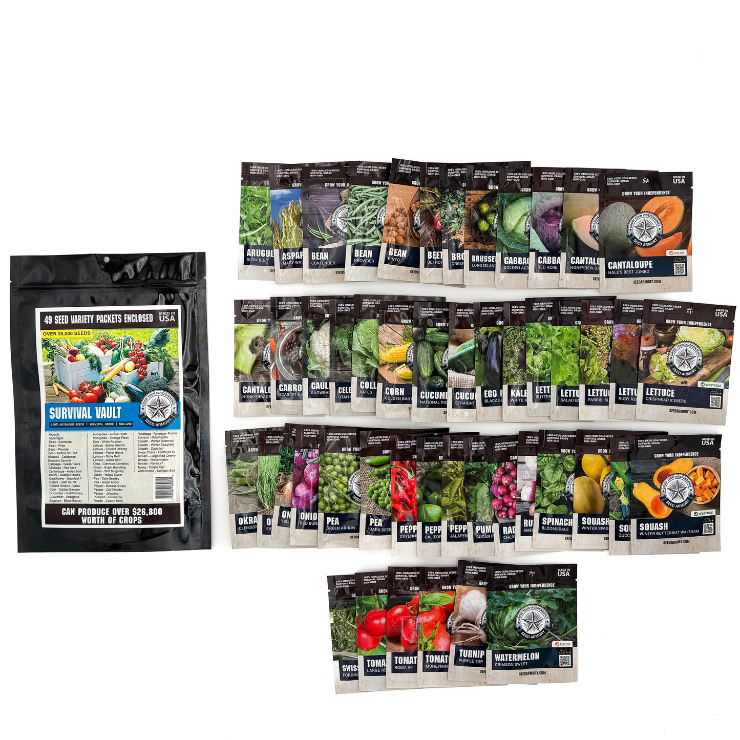 Diverse vegetable seeds in a packet from the Survival Seed Vault