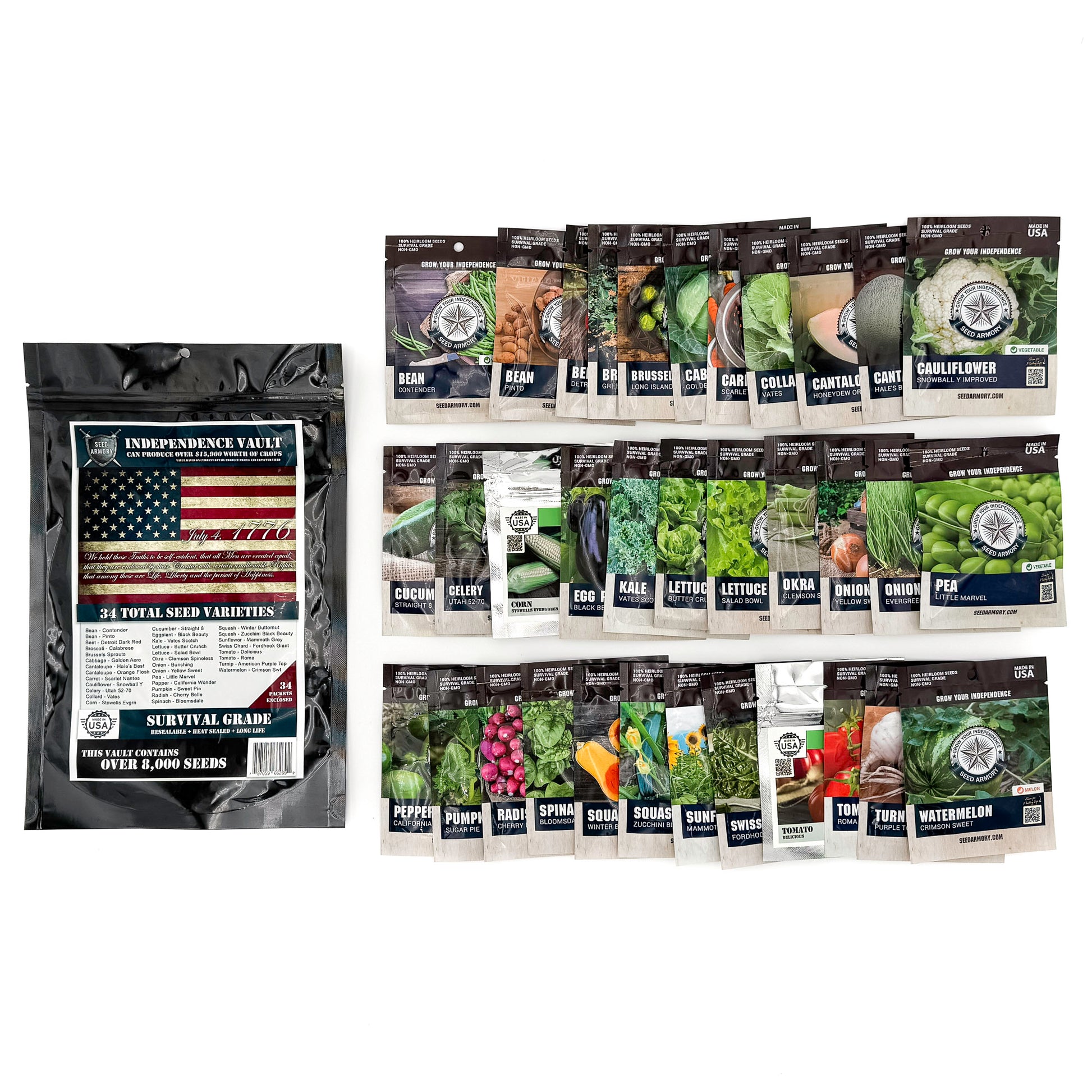 Assortment of vegetable seed packets from the Independence Seed Vault