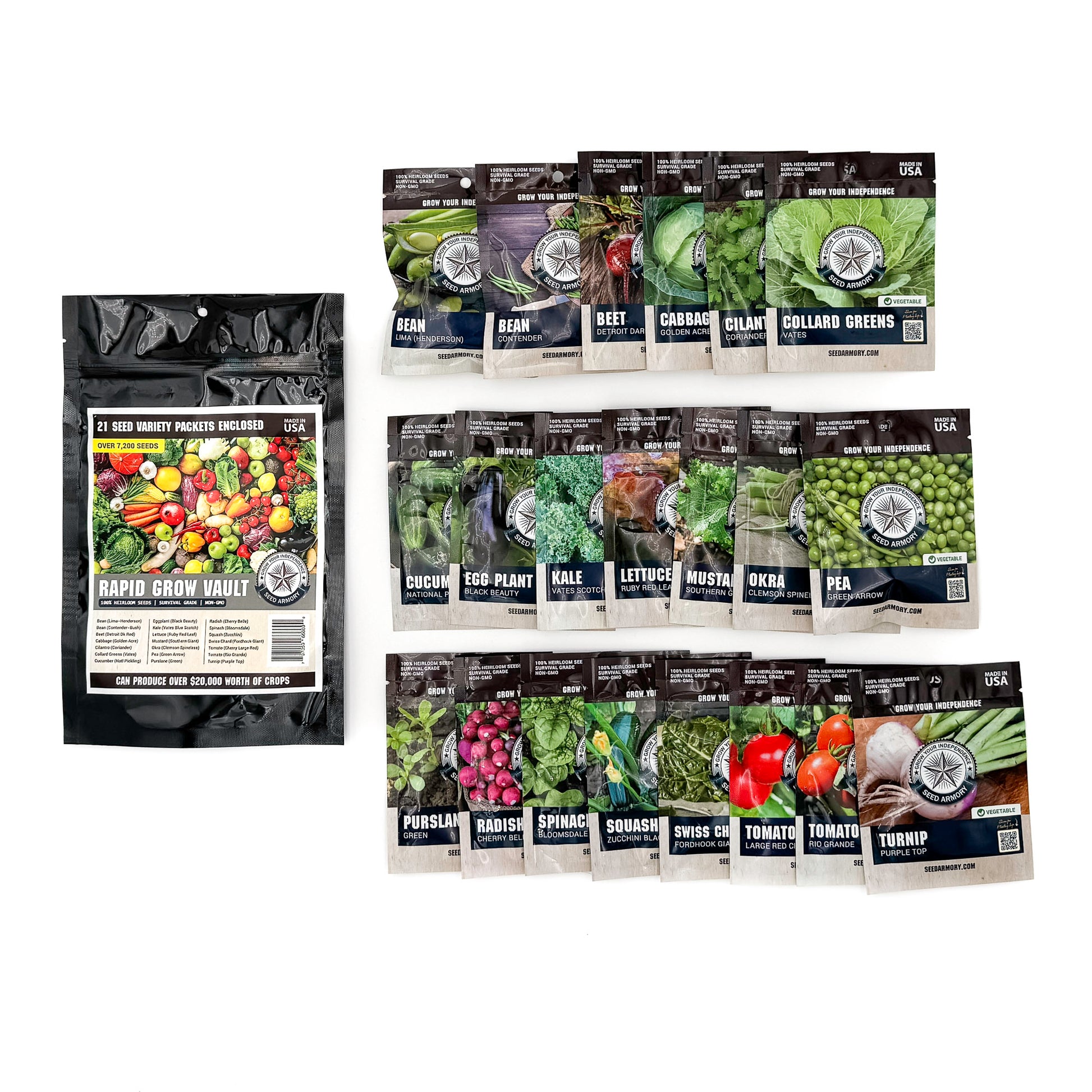 Complete set of 21 heirloom vegetable seed packets in the Rapid Grow Vault