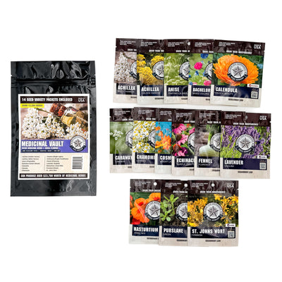 Collection of medicinal herb seed packets included in the survival seed vault