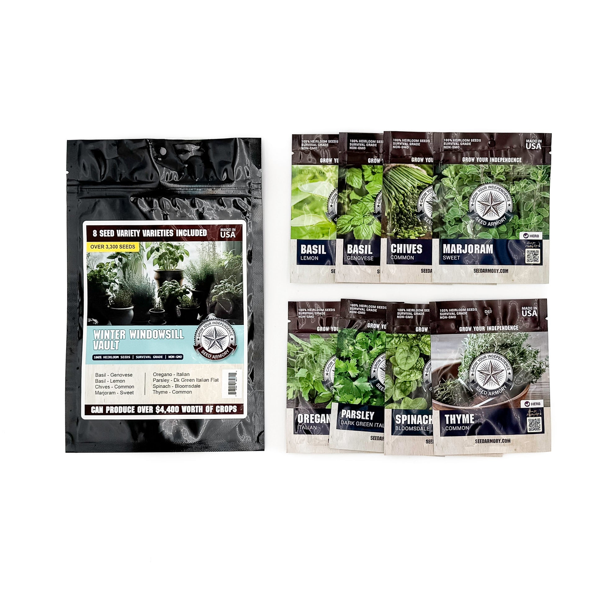 Winter Windowsill Vault containing eight packets of heirloom herb seeds