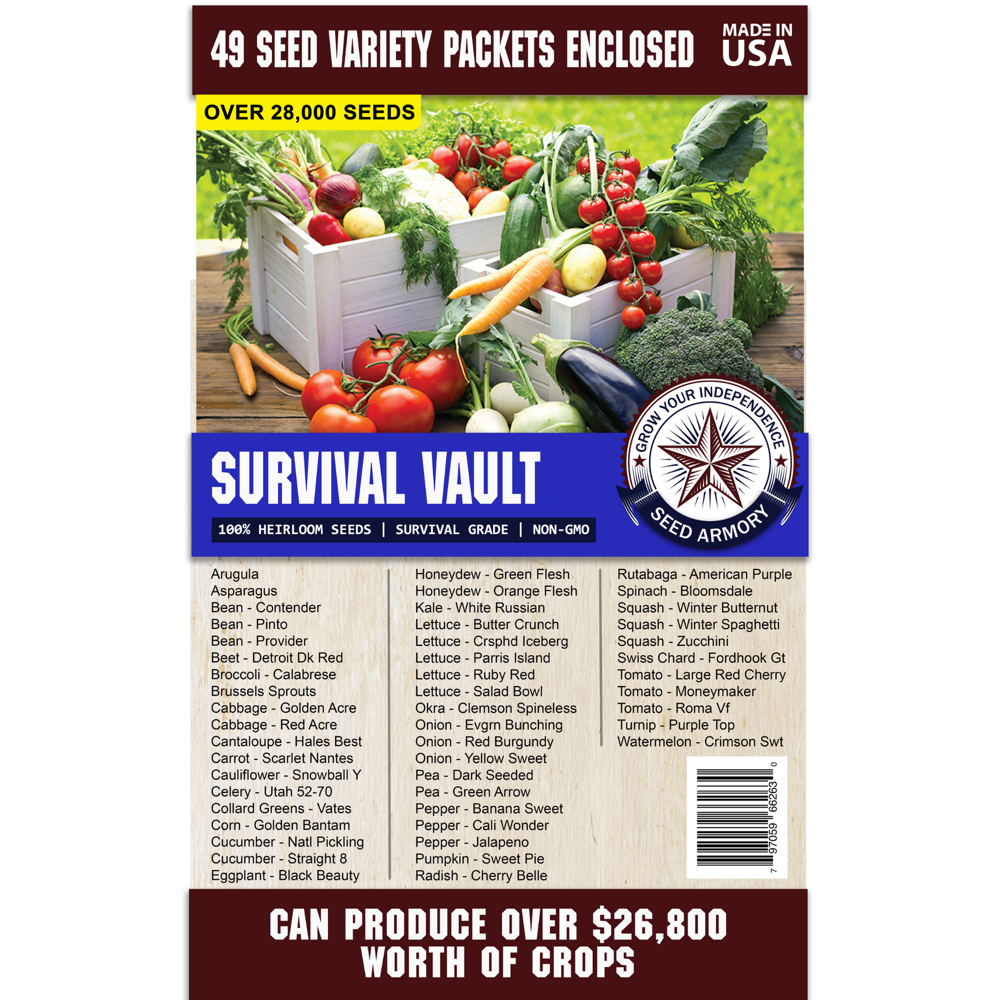 A comprehensive Survival Seed Vault Super Kit featuring 49 different seed varieties