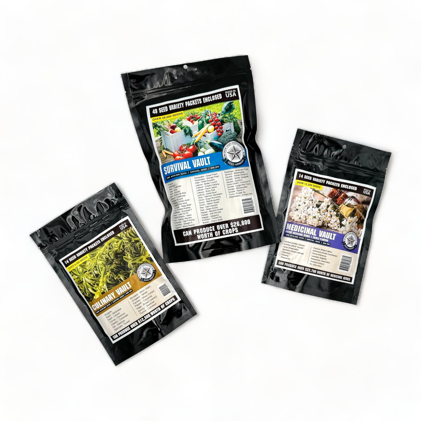 Selection of heirloom seed packets displayed on a white surface