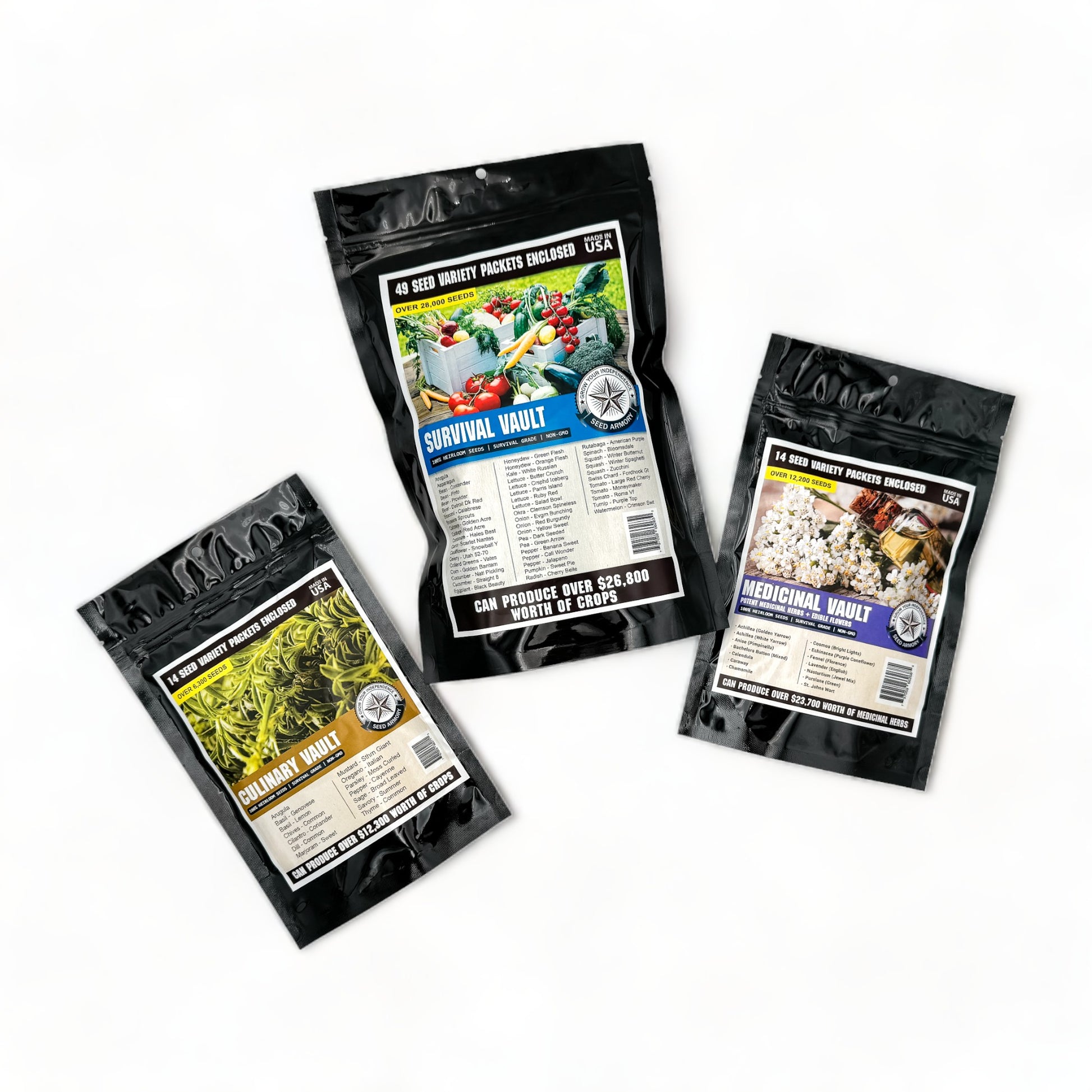 Selection of heirloom seed packets displayed on a white surface