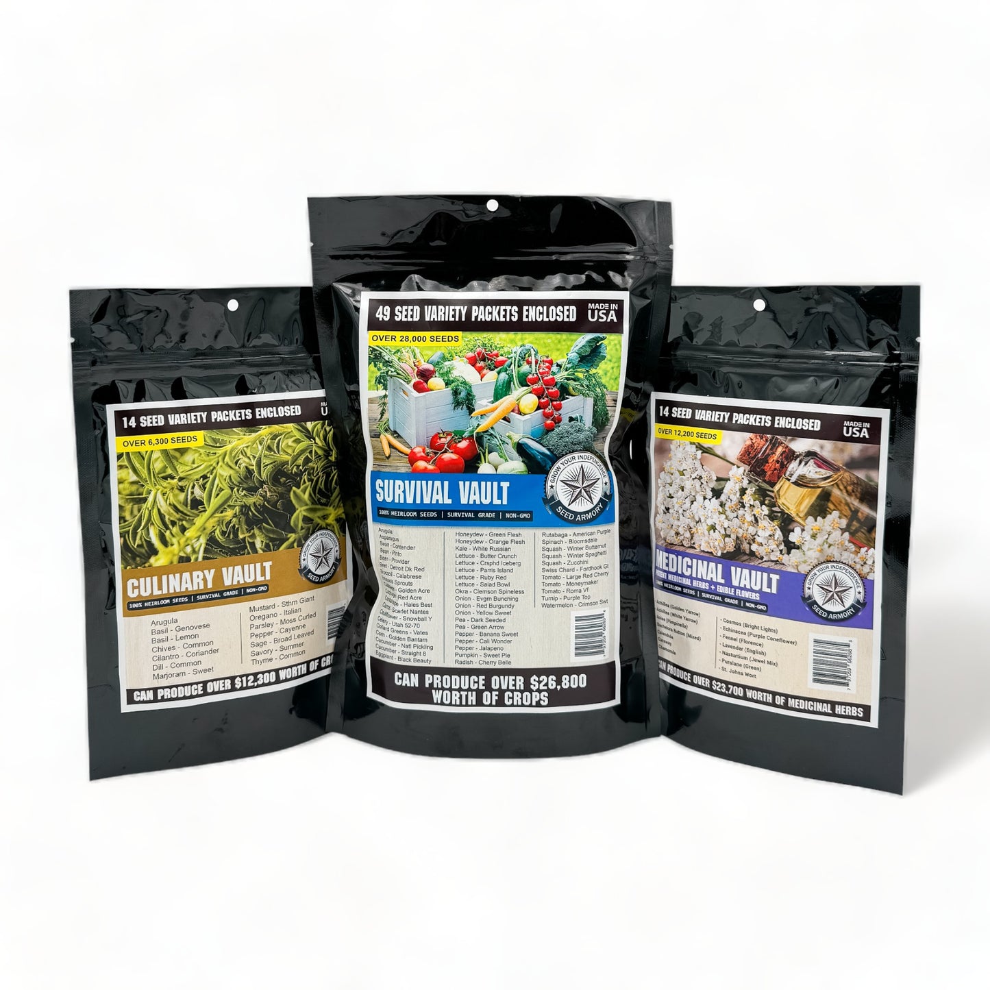 Non-GMO vegetable seed packets from the Survival Seed Vault Super Kit
