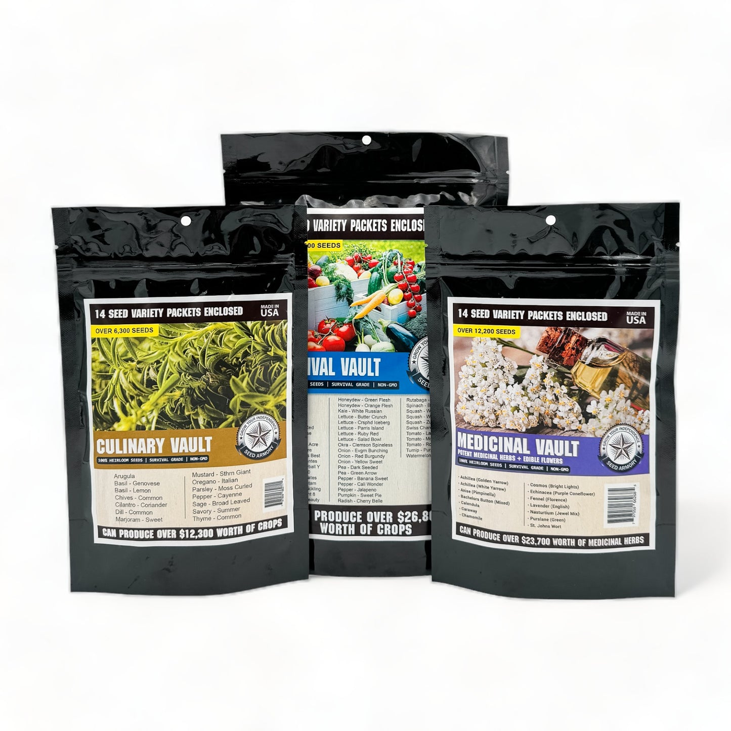 Diverse vegetable seeds in a packet from the Survival Seed Vault