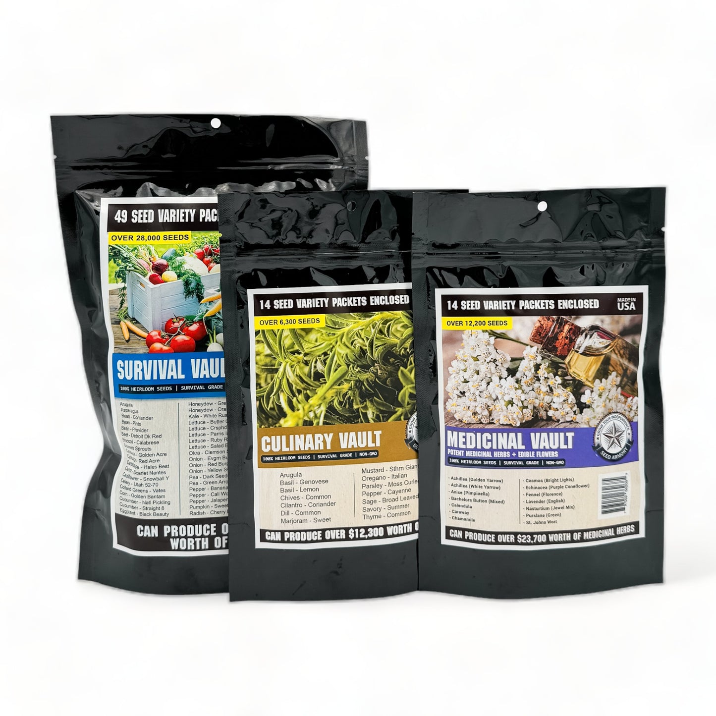 Heirloom non-GMO seed selection for sustainable gardening on a white backdrop