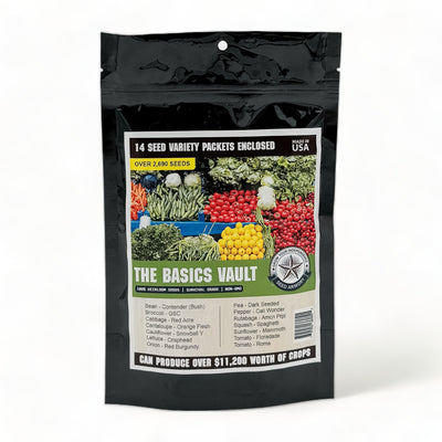 Basics Seed Vault with 14 varieties of heirloom seeds front package