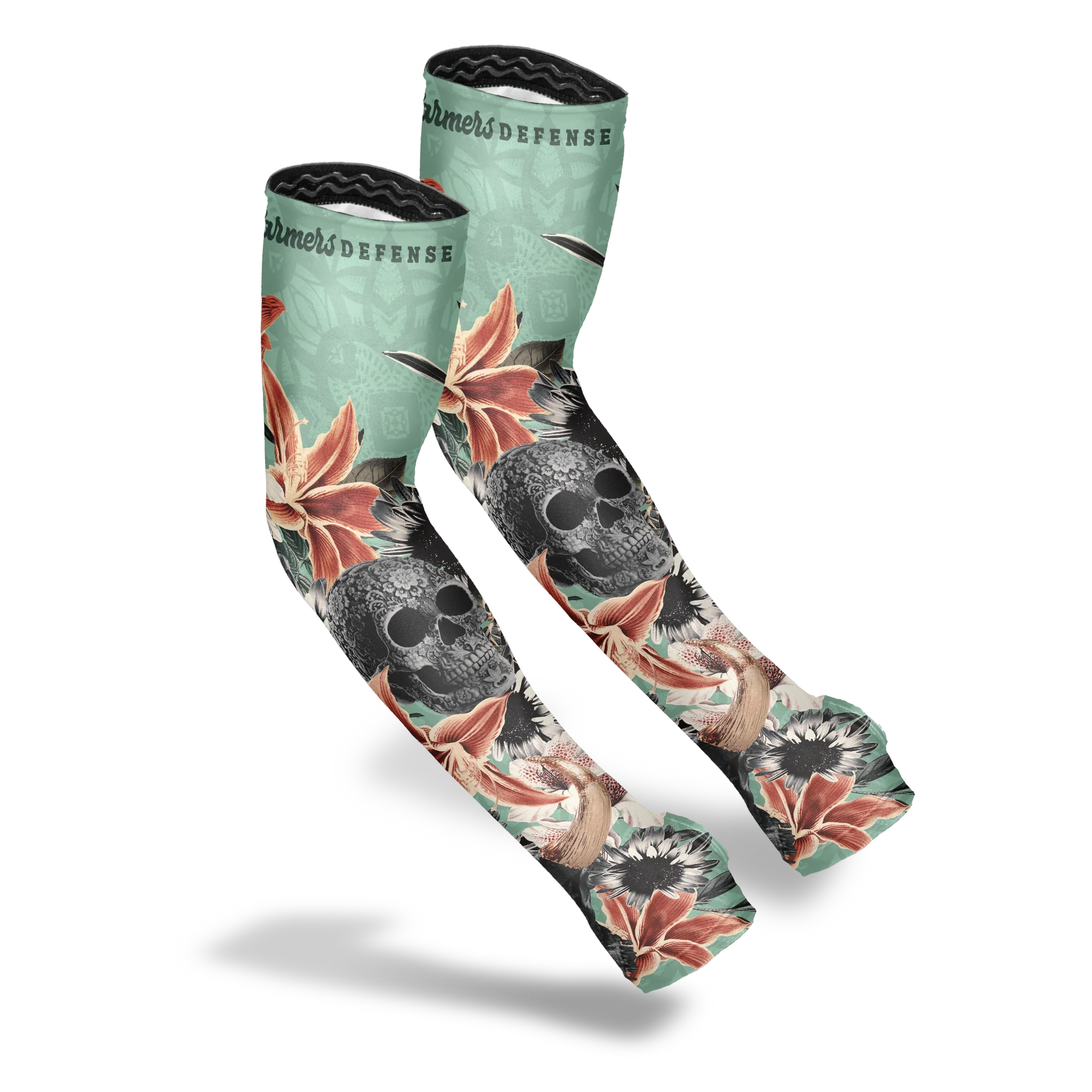 Gardening knee sleeves featuring a skull surrounded by floral accents