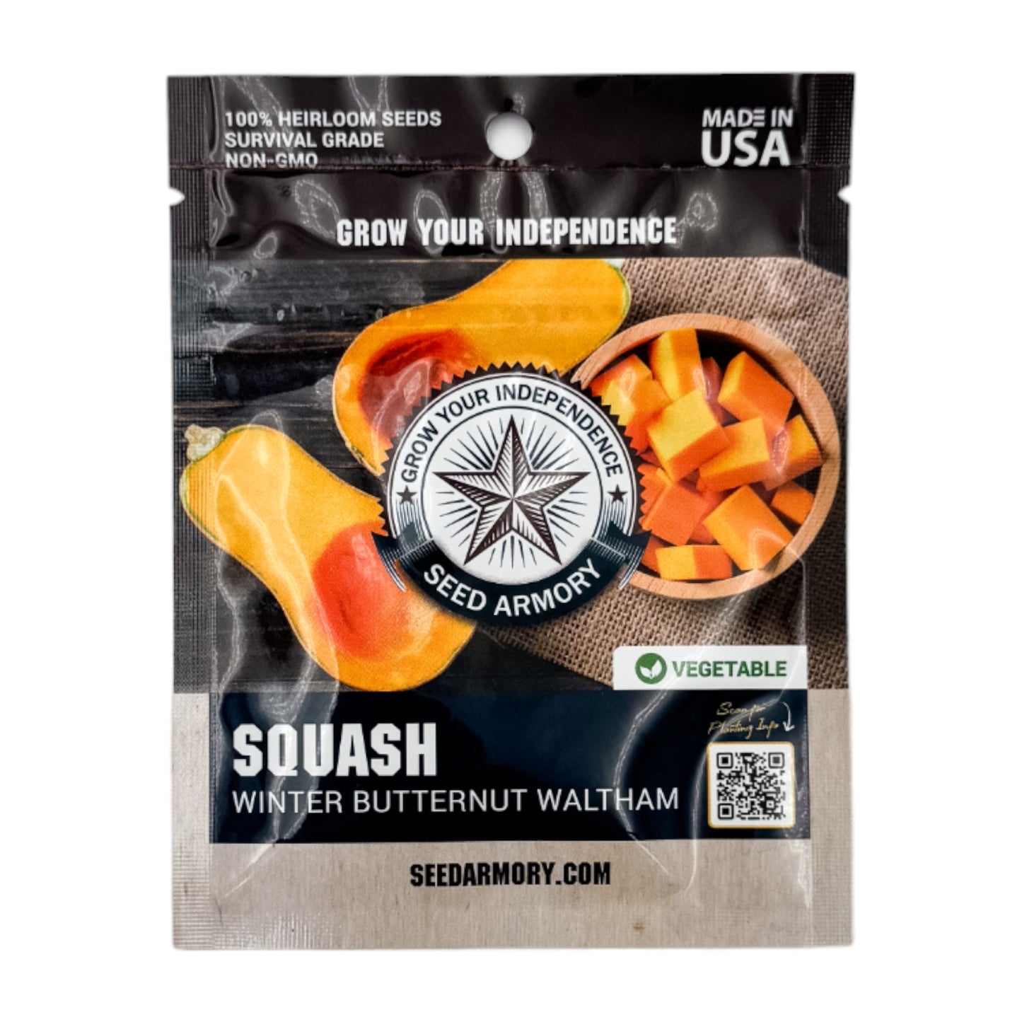 Front packet of Winter Butternut Waltham squash heirloom seeds