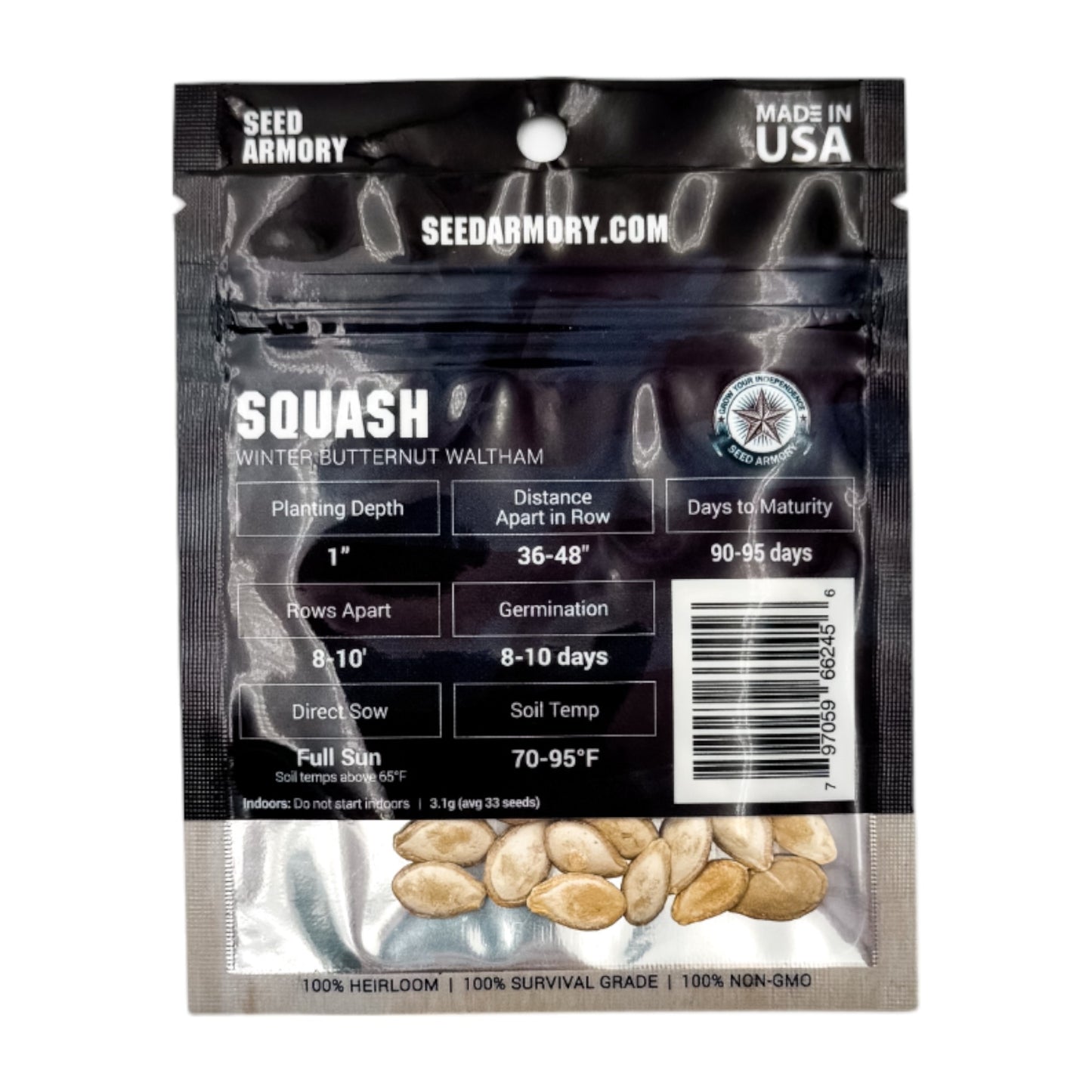 Reverse packet of Winter Butternut Waltham squash heirloom seeds with planting instructions