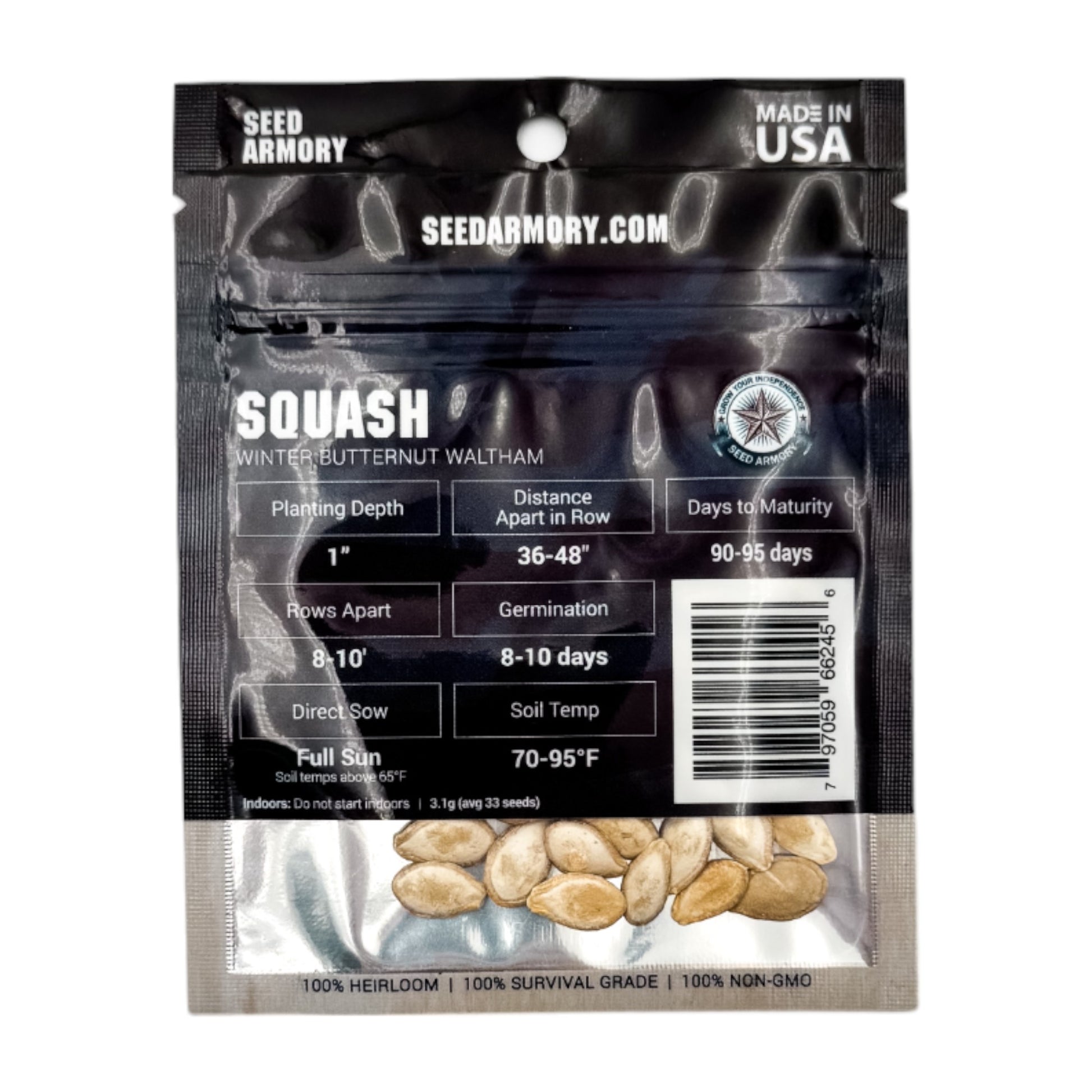 Reverse packet of Winter Butternut Waltham squash heirloom seeds with planting instructions