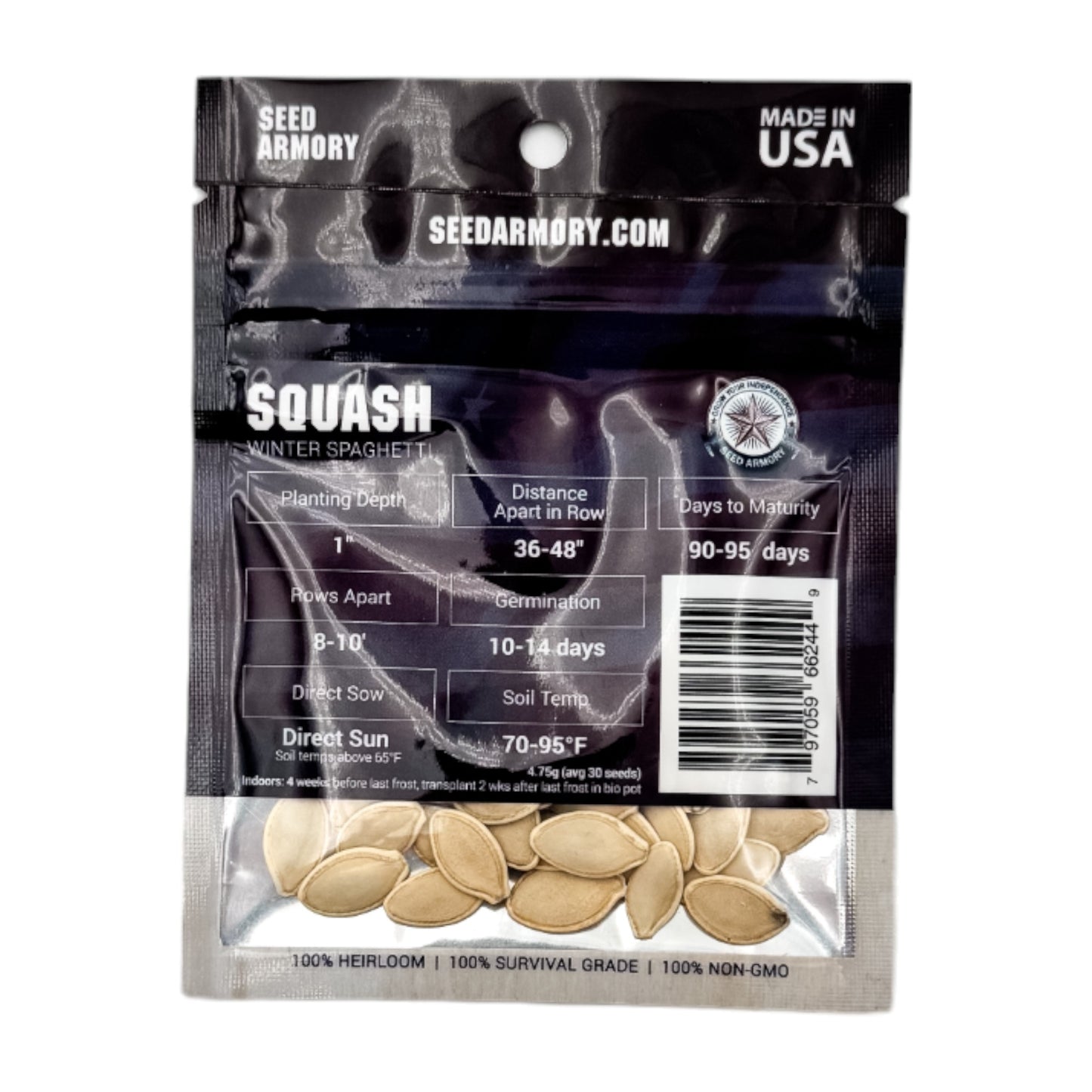 Reverse packet of winter spaghetti squash heirloom seeds with planting instructions
