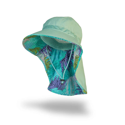 Tropical print Farmer's Defense sun hat with green base and wide brim