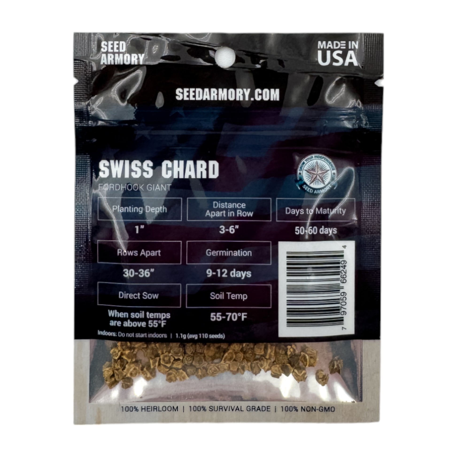 Reverse packet of 'Fordhook Giant' Swiss chard heirloom seeds with planting instructions