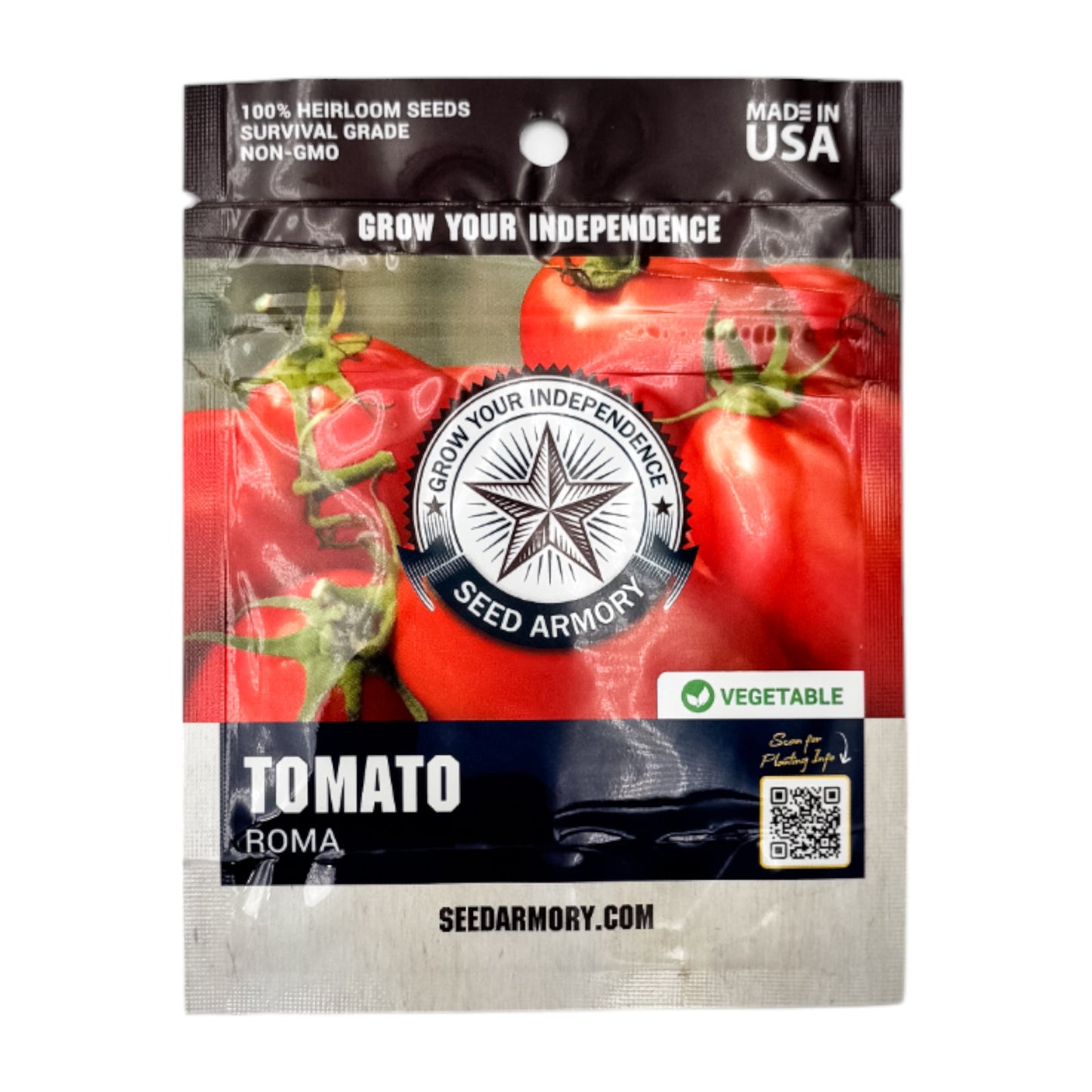 Mylar front packet of Roma tomato heirloom seeds