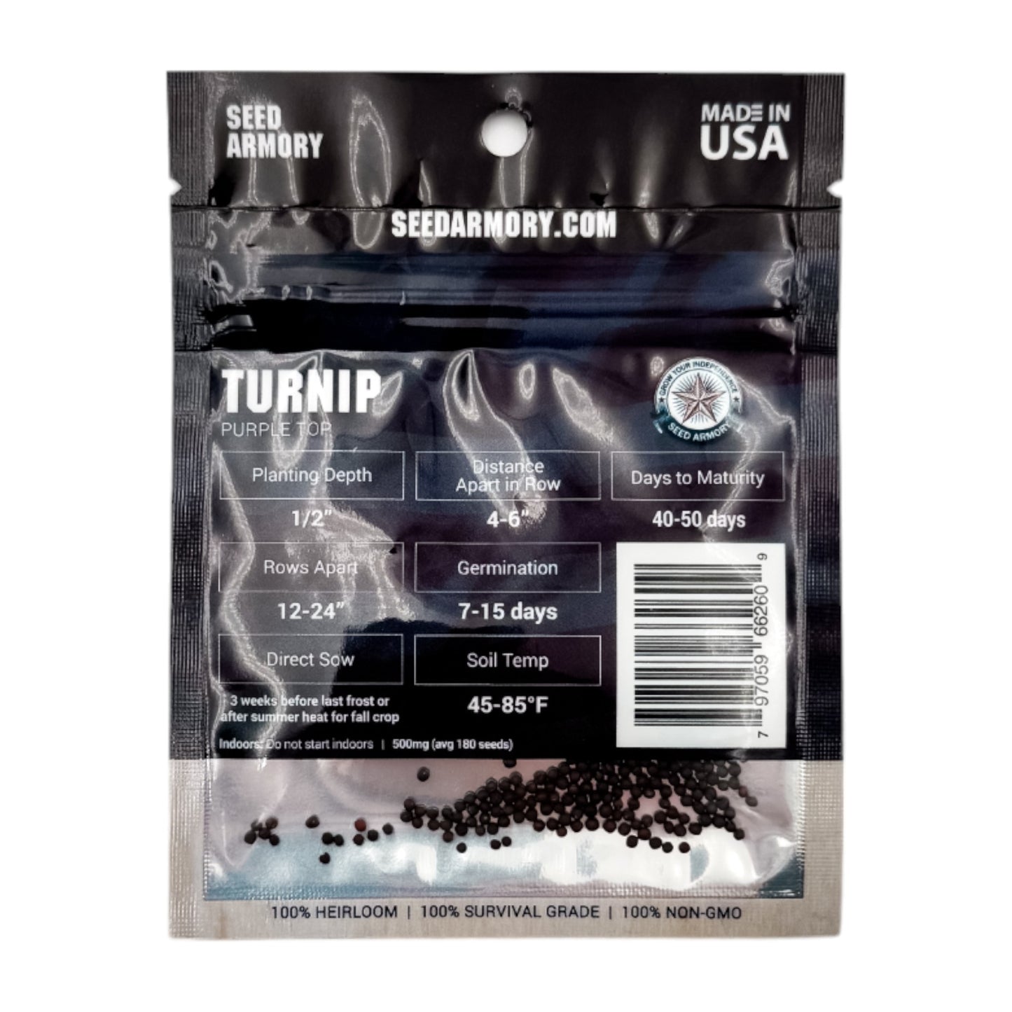 Reverse packet of Purple Top heirloom turnip seeds with planting instructions