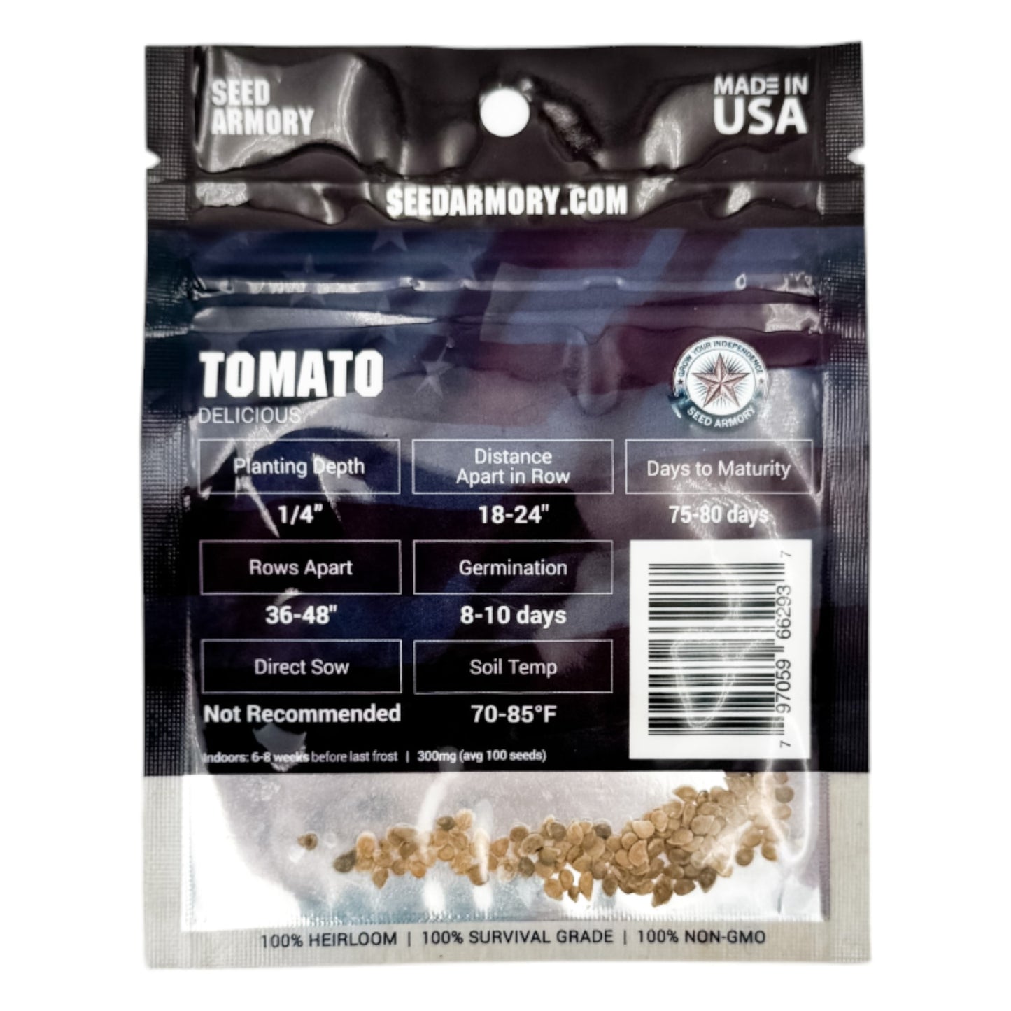 Reverse packet of Heirloom Dellicious Tomato Seeds with planting instructions