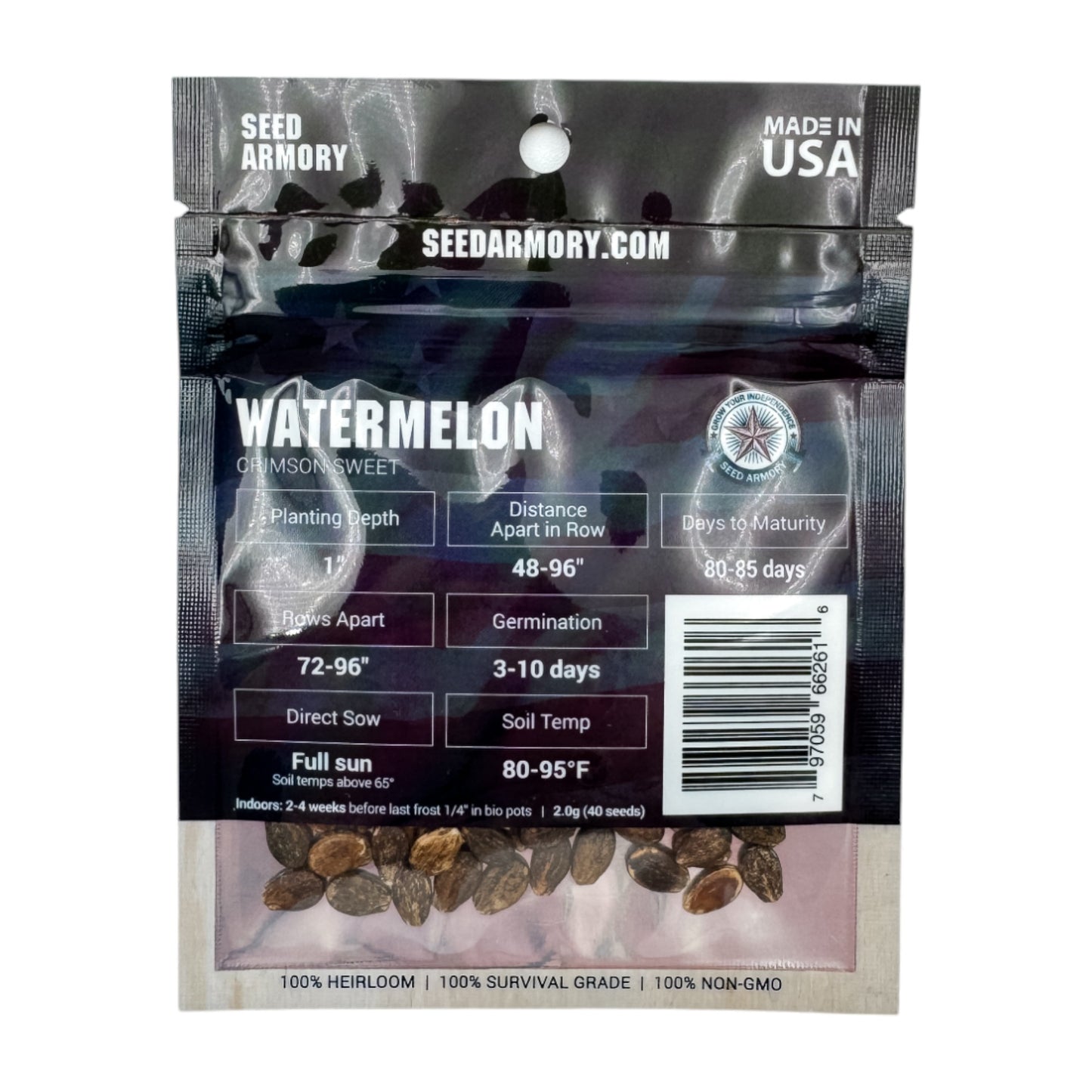 Reverse packet of Crimson Sweet heirloom watermelon seeds with planting instructions