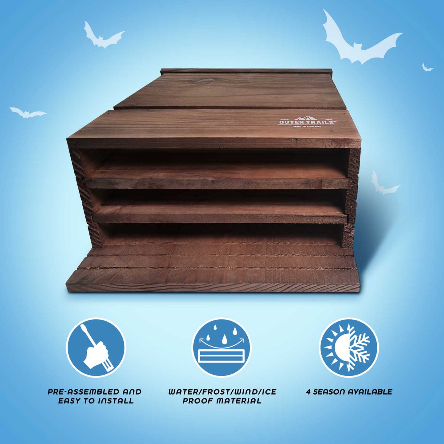 Infographic of Outer Trails™ Three Chamber Bat House ease of install, weather resistance, and four season availability