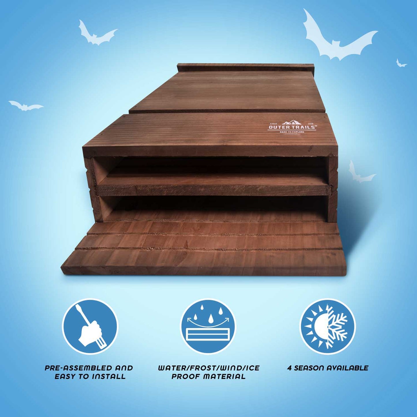 Infographic of Outer Trails™ Two Chamber Bat House ease of install, weather resistance, and four season availability
