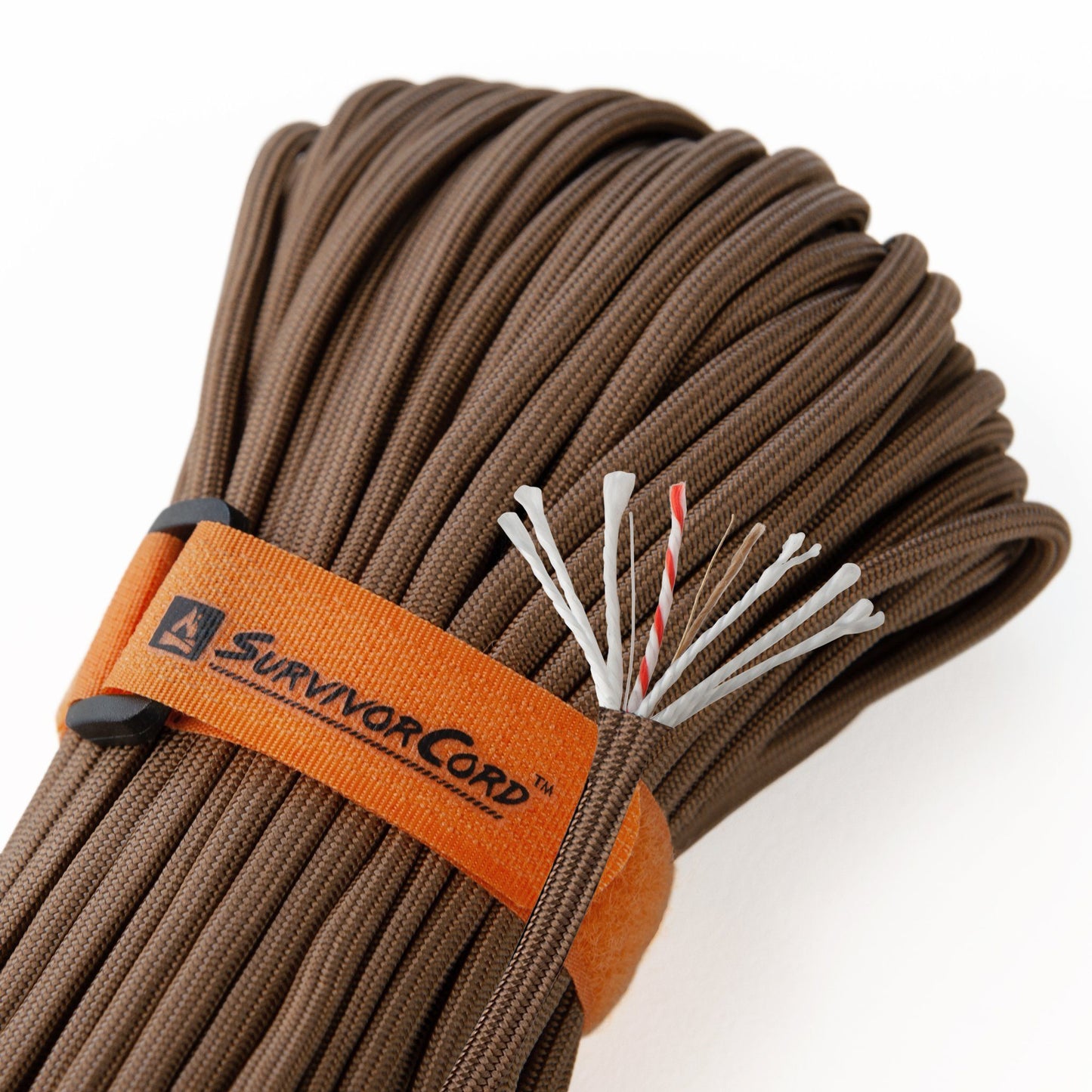 Detail of ACU dark earth SurvivorCord with cord construction exposed and visible identification tags