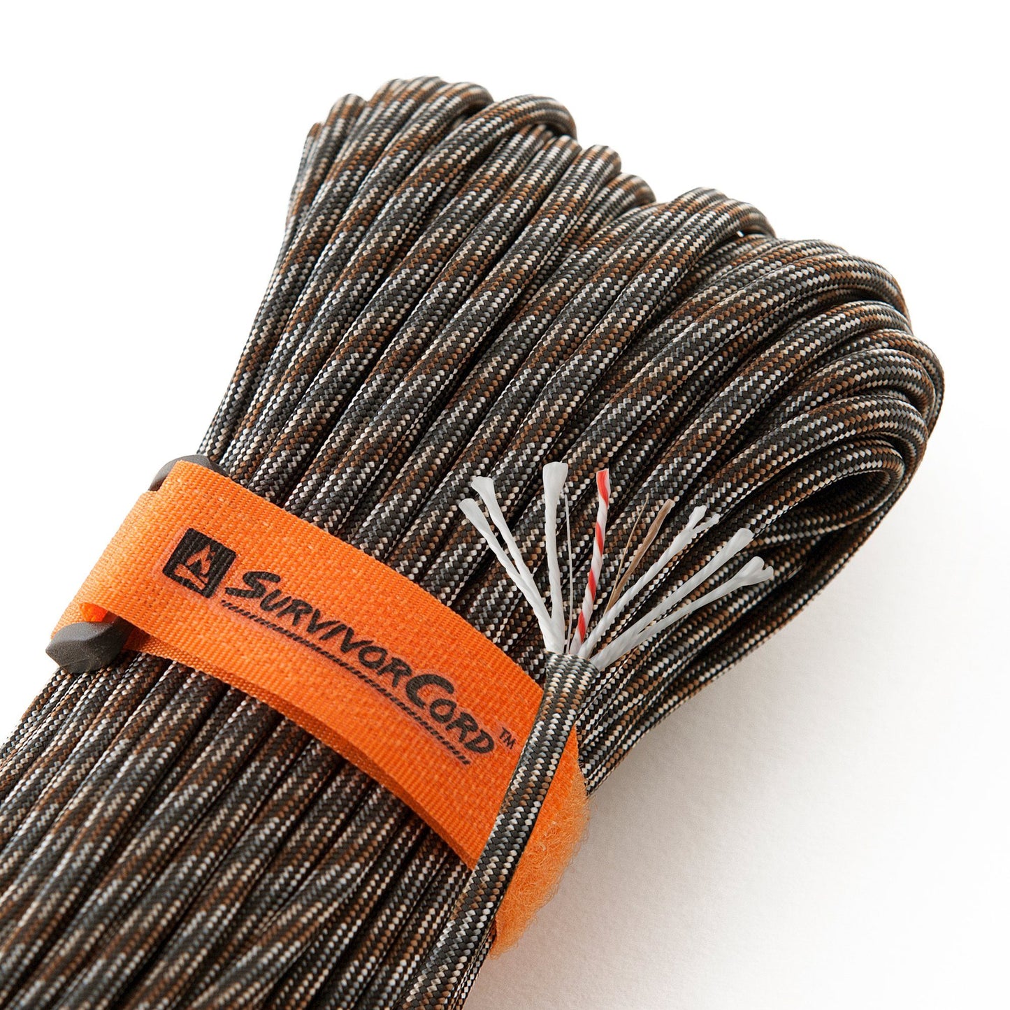 Detail of ACU nightshade SurvivorCord with cord construction exposed and visible identification tags