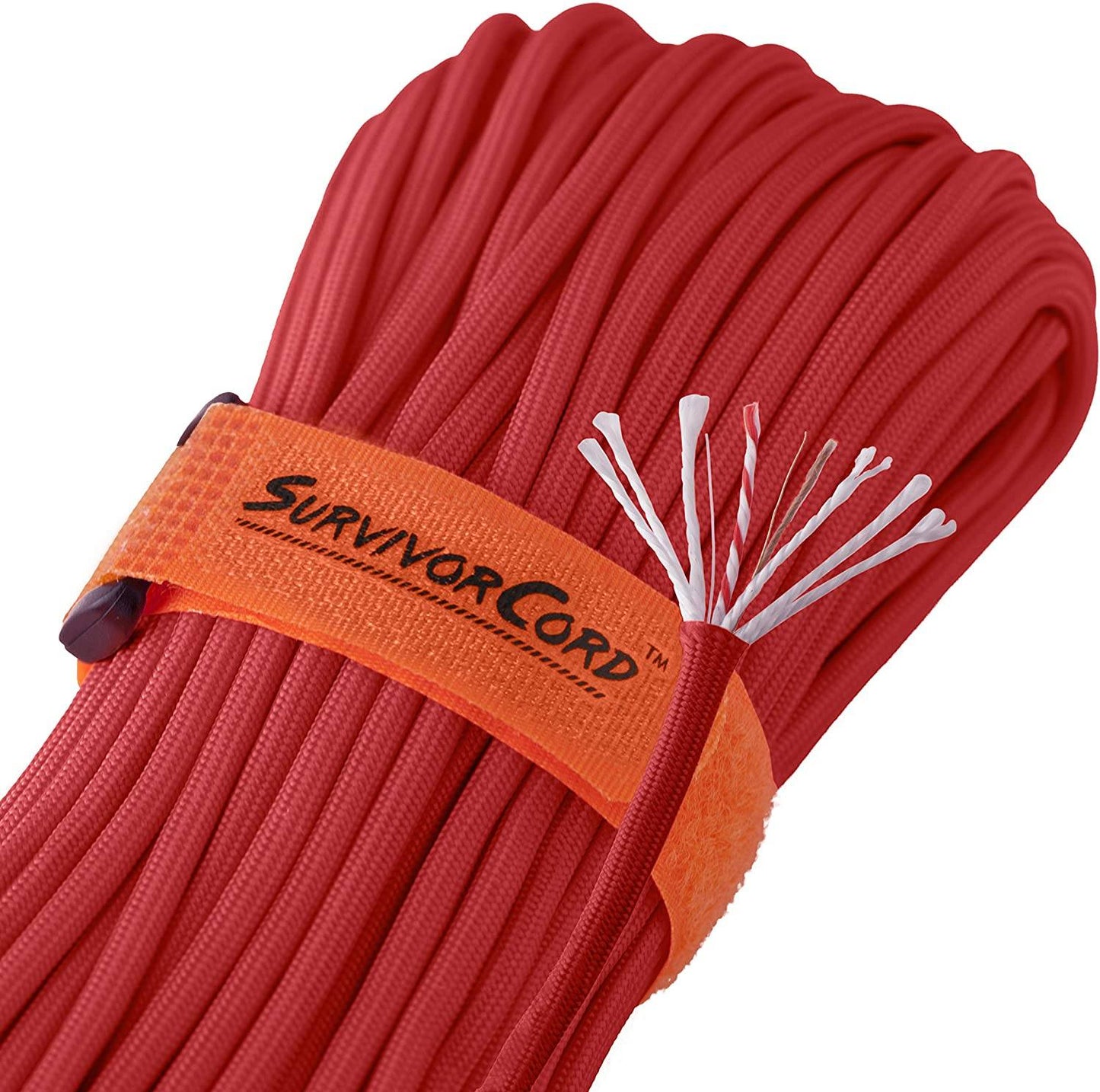 Detail of ACU red SurvivorCord with cord construction exposed and visible identification tags