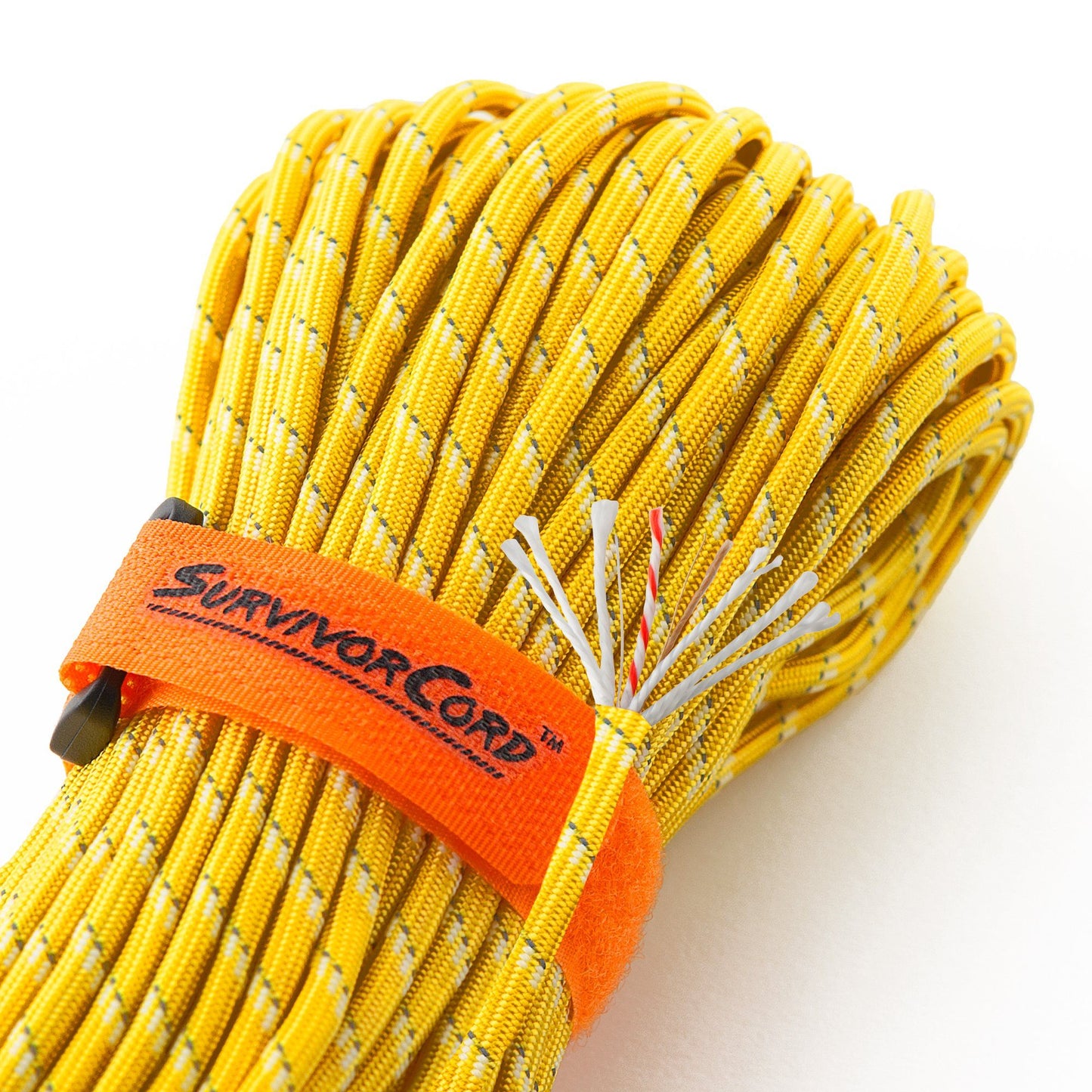 Detail of ACU reflective-yellow SurvivorCord with cord construction exposed and visible identification tags