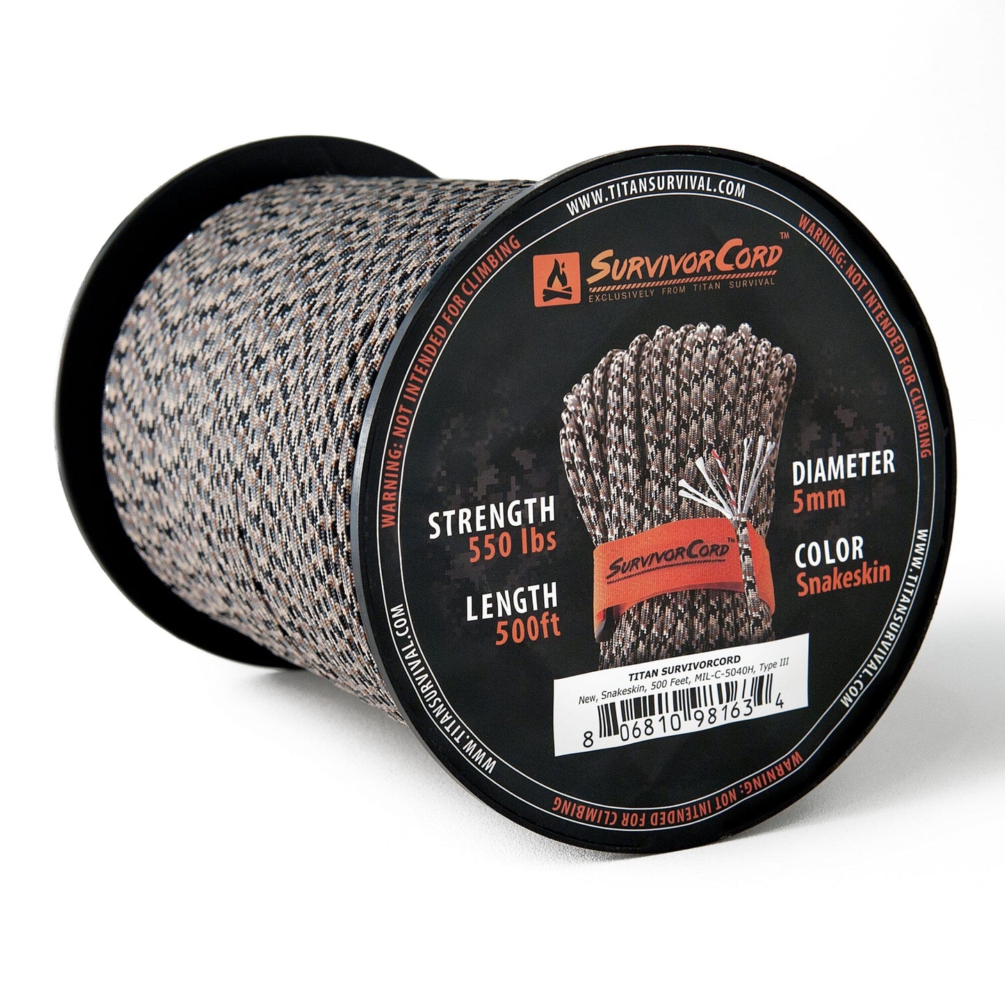 Spooled SurvivorCord Snakeskin with dimensions and product label
