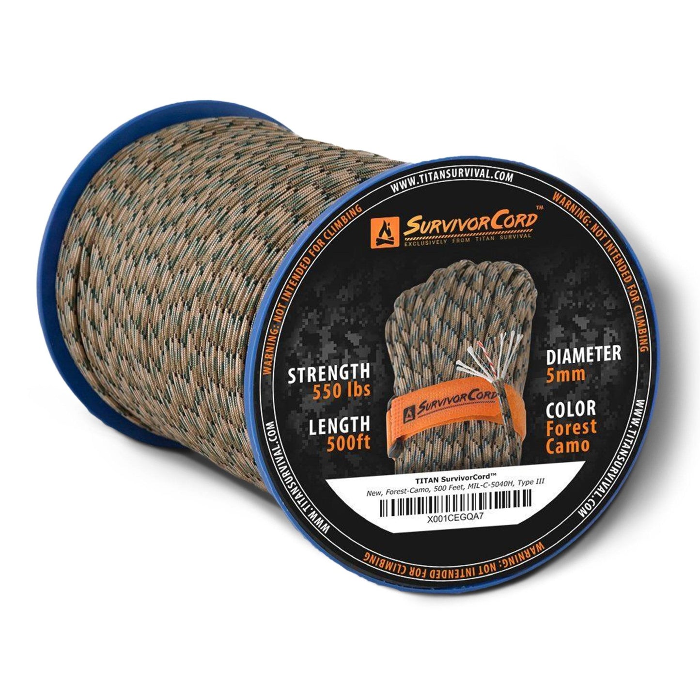 A spool of forest green SurvivorCord with visible text indicating durability and length