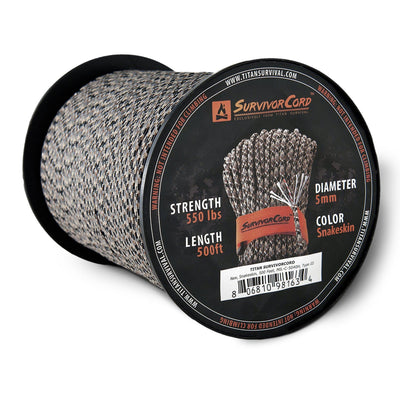 A spool of snakeskin SurvivorCord with visible text indicating durability and length
