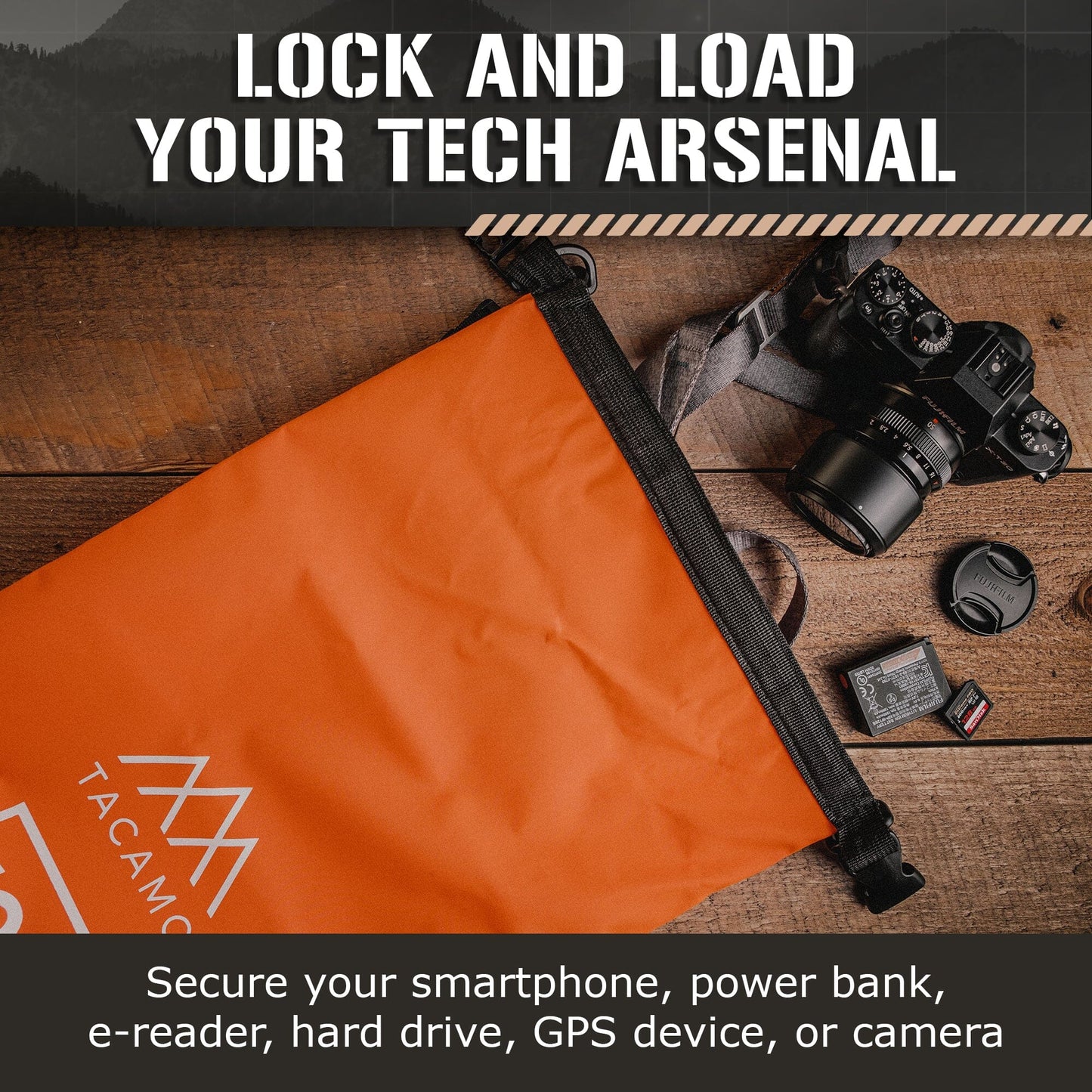 TACAMO dry bag designed to protect tech gear with camera gear displayed