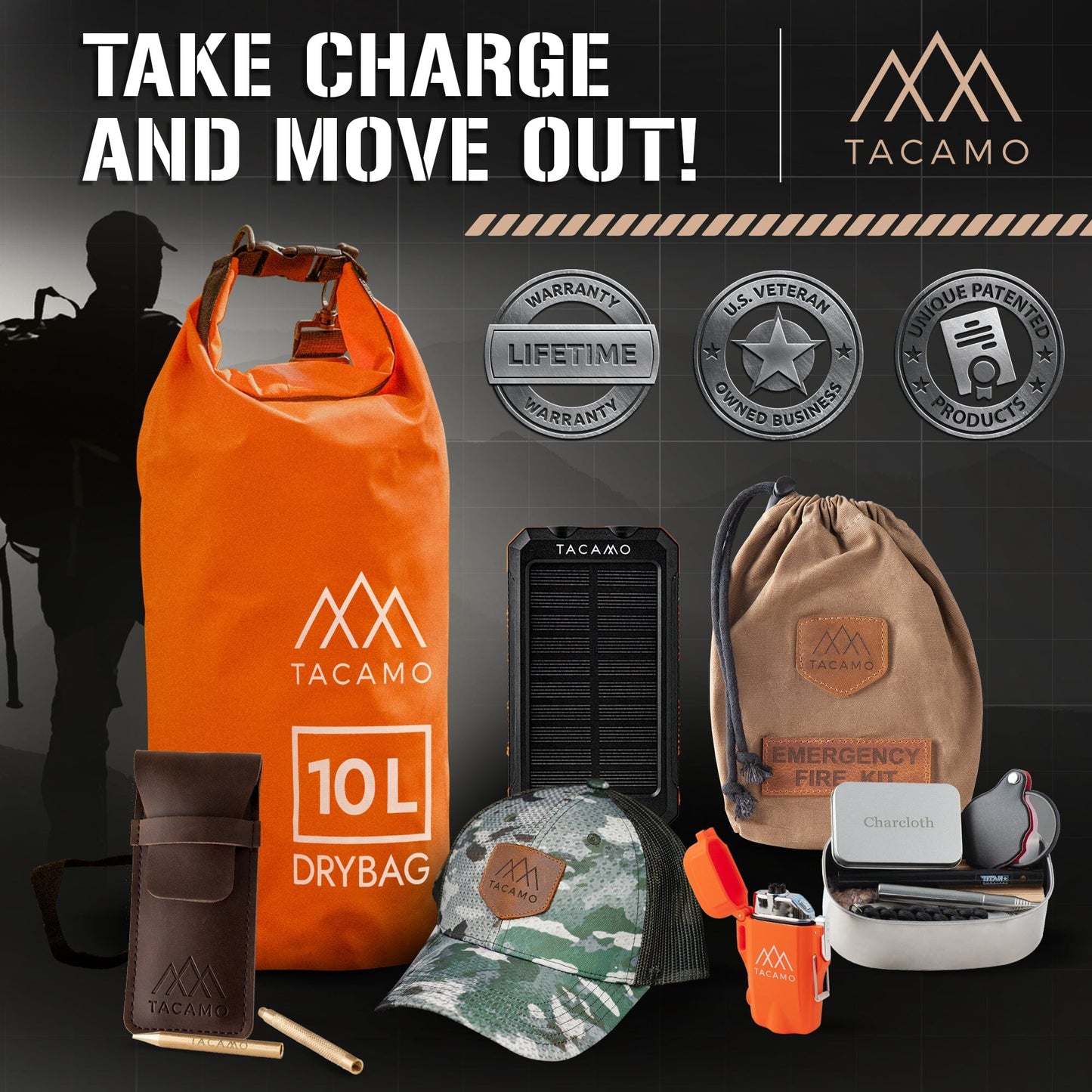 TACAMO dry bag ready for outdoor expeditions with other TACAMO products on display