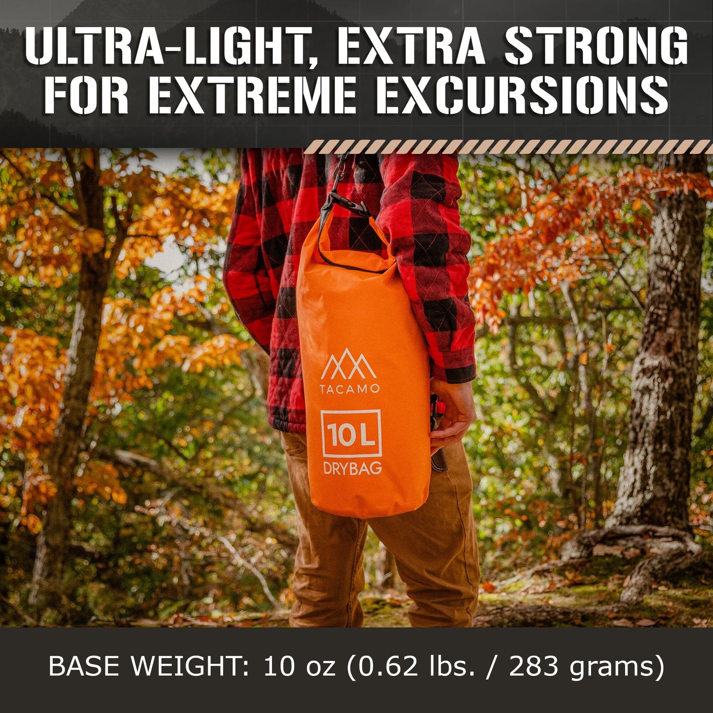 Man wearing TACAMO ultra-light and extra-strong waterproof bag in a natural setting